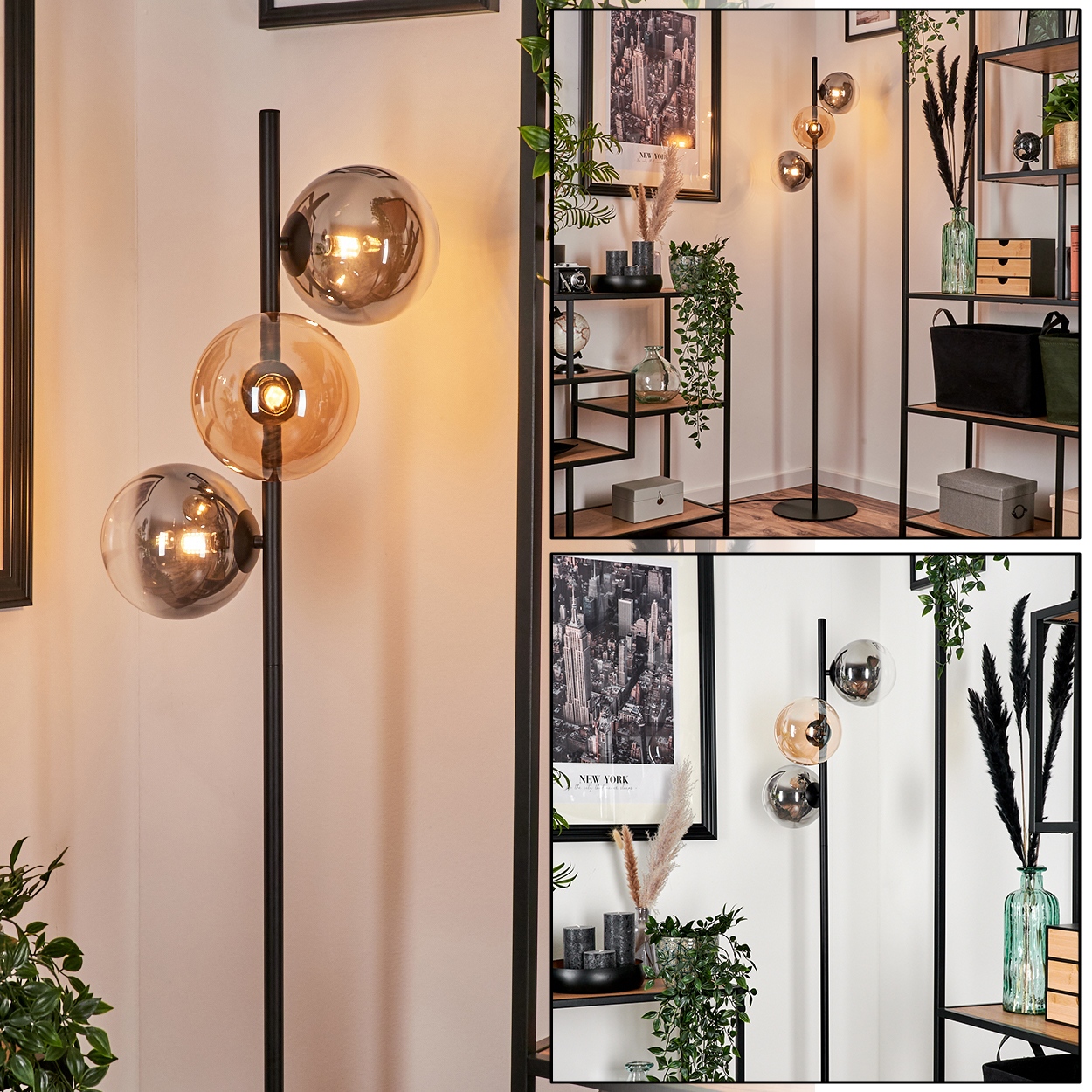 Drei Bilder, die eine Stehlampe mit drei Glaskugeln zeigen. Die Lampe steht neben einem Regal und einem Bild.