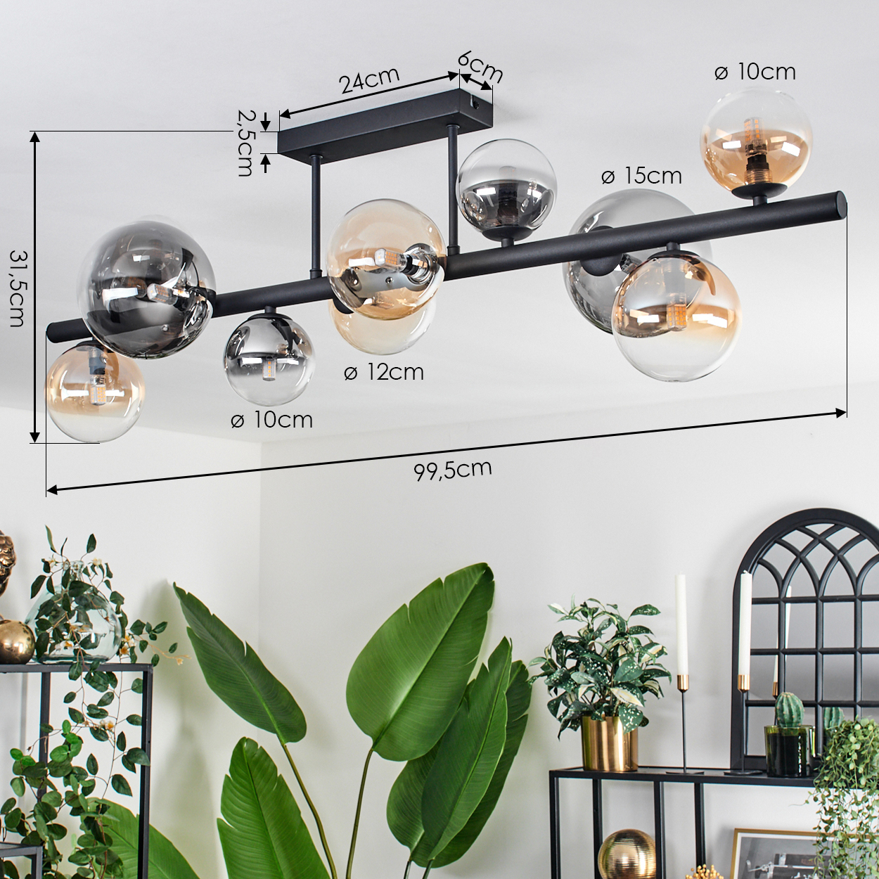 Deckenleuchte mit mehreren Kugelschirmen. Abmessungen und Maße des Geräts sind sichtbar.