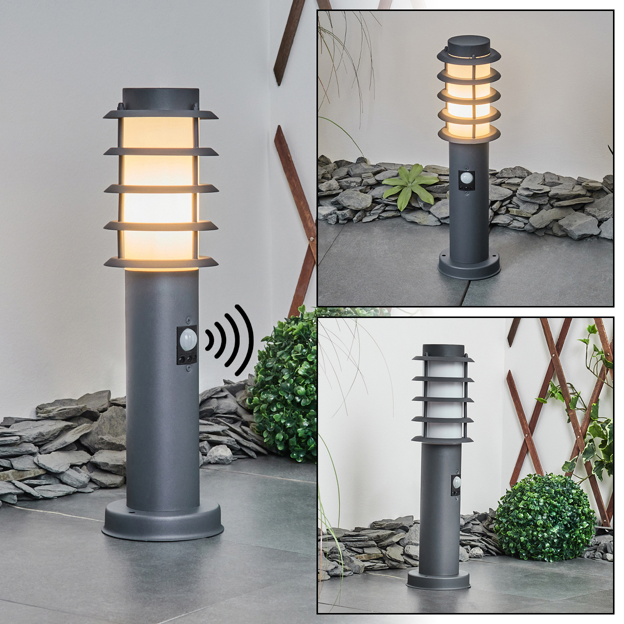 Außen-Pfeilerlampe mit Bewegungssensor, grauer Oberfläche und geschichtetem Design, das warmes Licht aussendet. Garten und Stein.