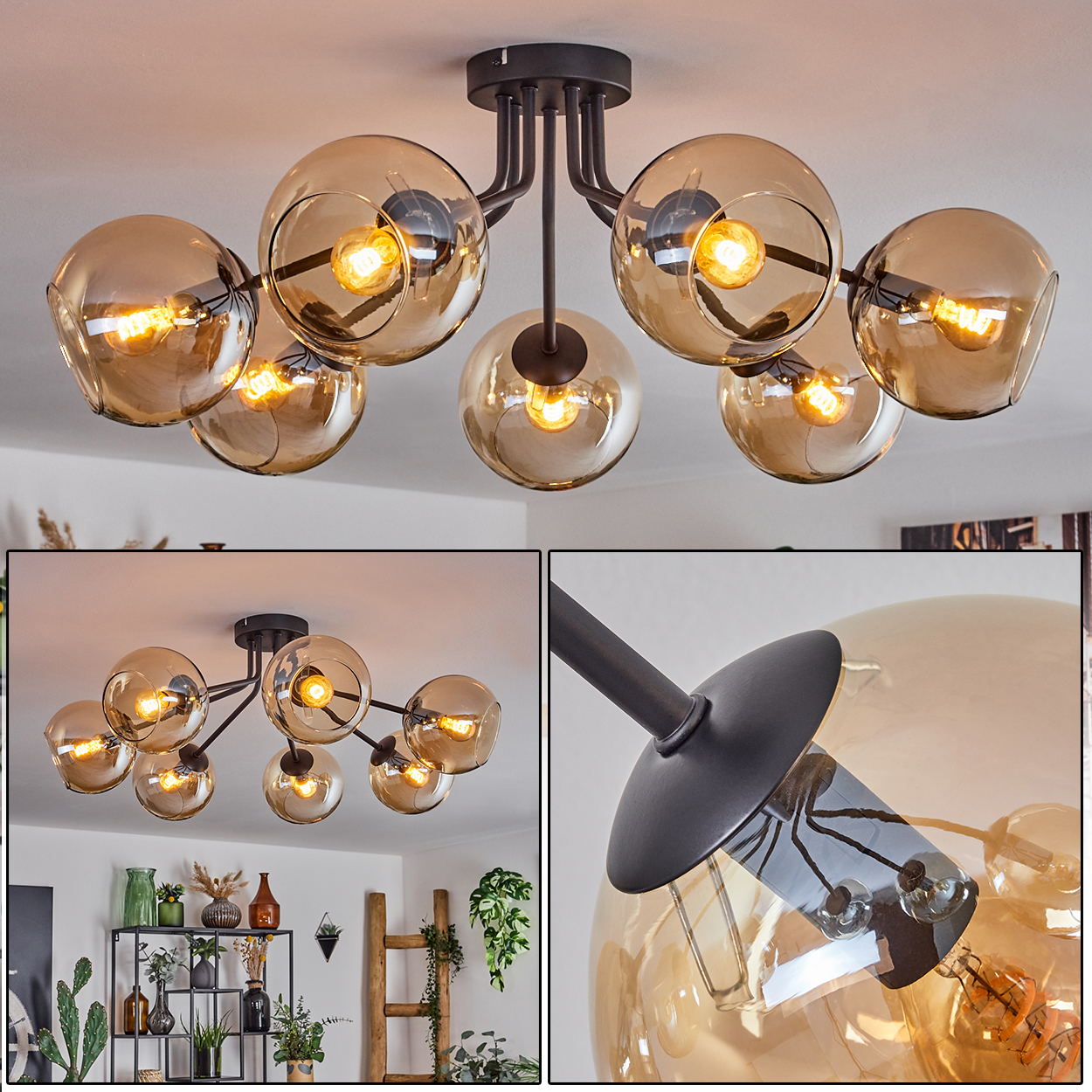 Deckenlampe mit sieben bernsteinfarbenen Glaskugeln. Schwarzer Metallrahmen. Warme Glühbirnen.