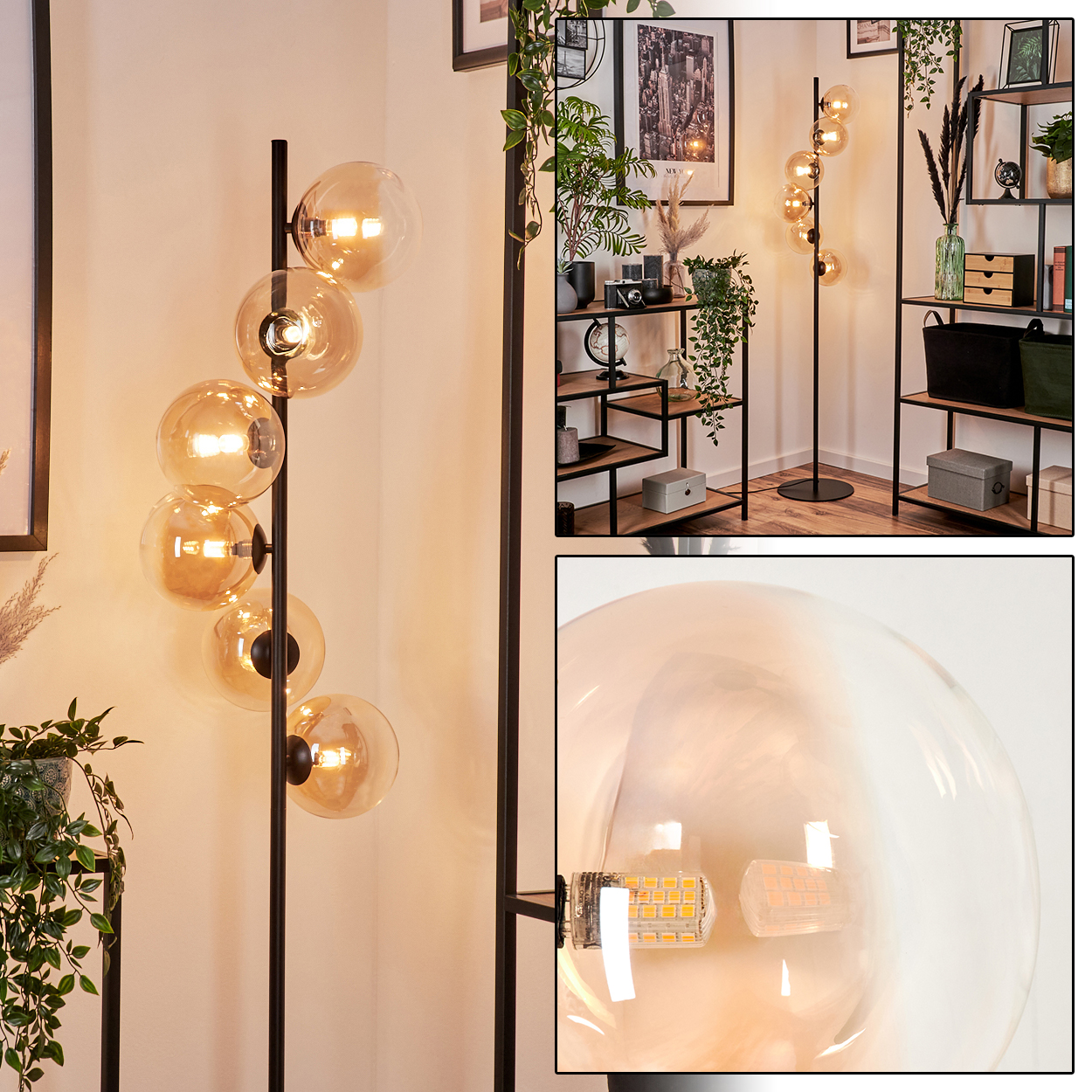 Eine schwarze Stehlampe mit sechs bernsteinfarbenen Kugellampen. Das Bild zeigt das Design und eine Nahaufnahme einer Glühbirne.