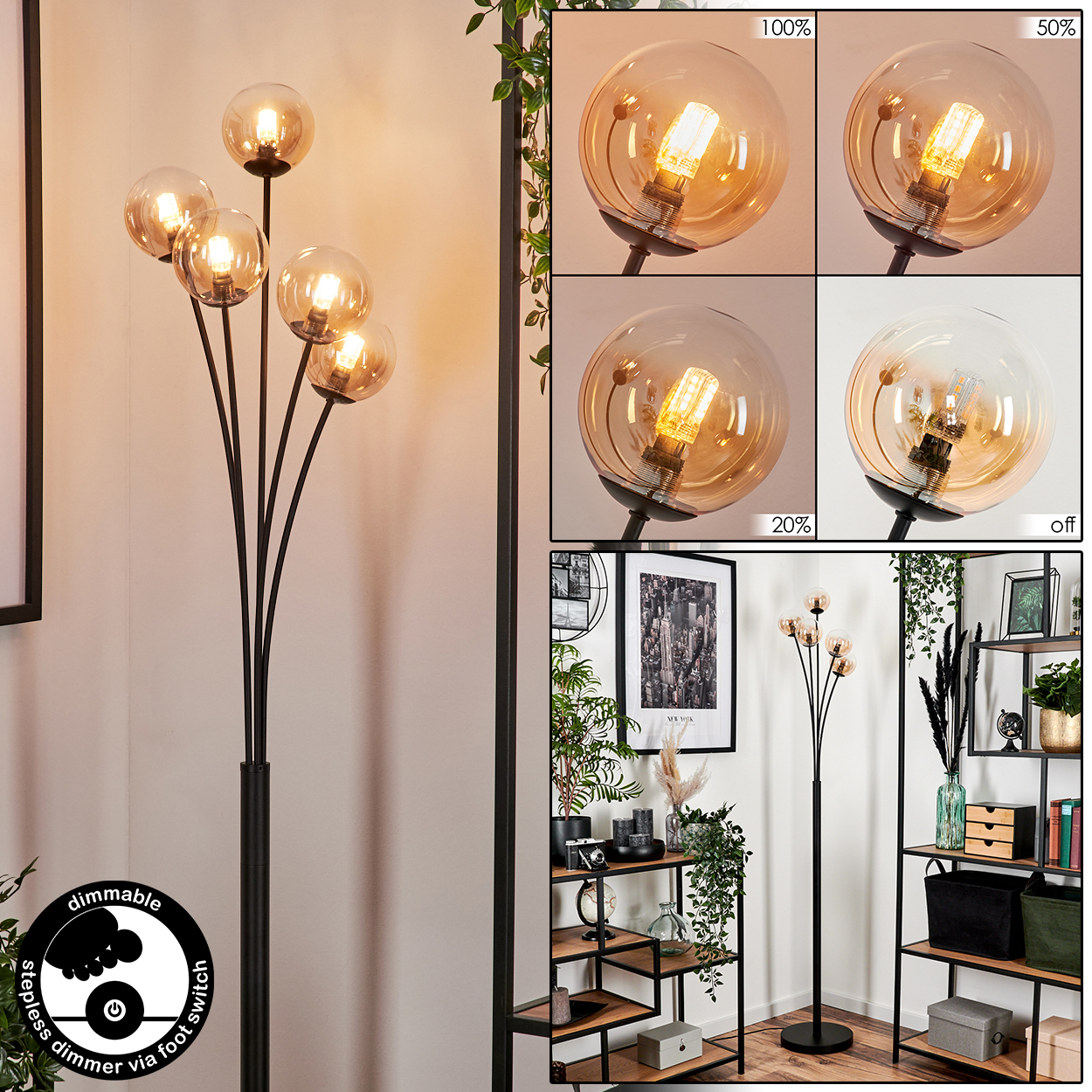 Eine schwarze Stehlampe mit sechs Kugelleuchten. Das Bild zeigt verschiedene Lichteinstellungen und den Dimmer.