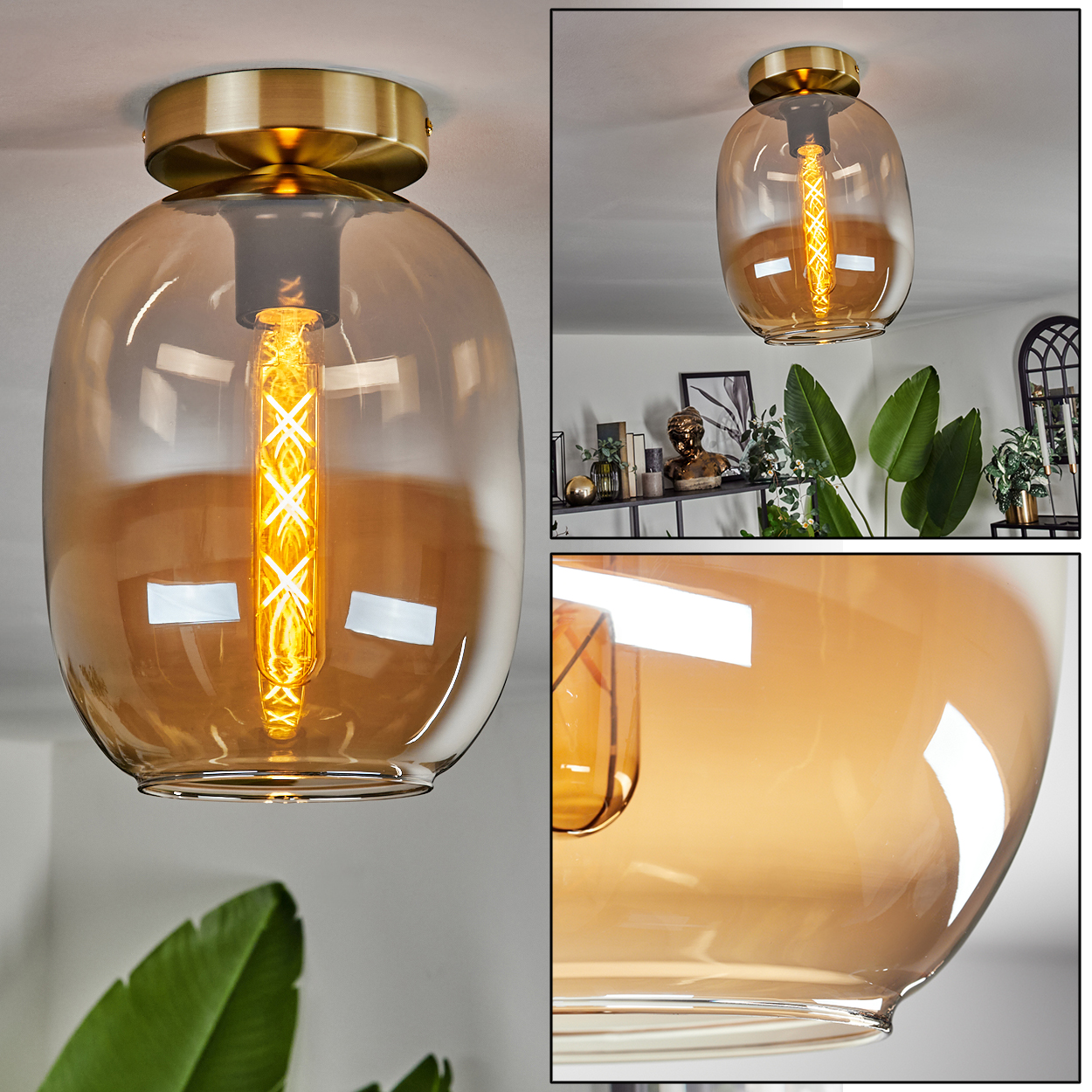 Eine Deckenleuchte mit einem bernsteinfarbenen Glaskugel. Das Bild zeigt Nahaufnahmen der Lampe und des einzigartigen Designs.