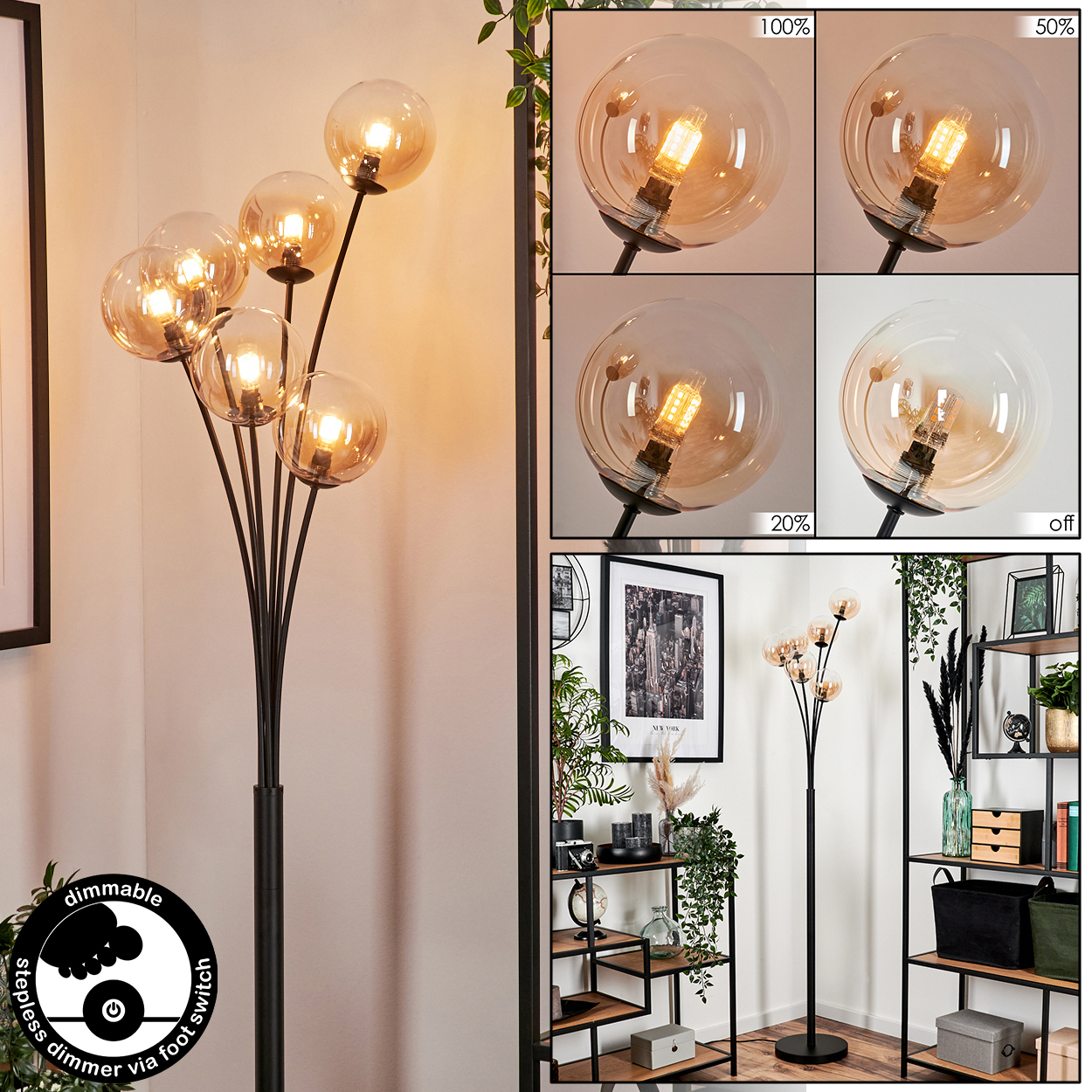 Stehlampe mit mehreren bernsteinfarbenen Glaskugelleuchten. Dimmschalter im Vordergrund.