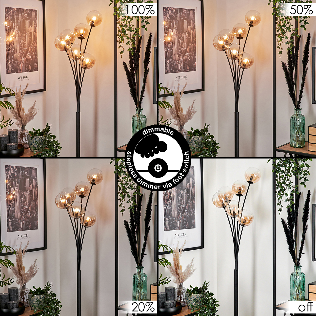 Eine Stehlampe mit mehreren bernsteinfarbenen Glaskugeln. Bilder zeigen sie über einen Fußschalter dimmbar.
