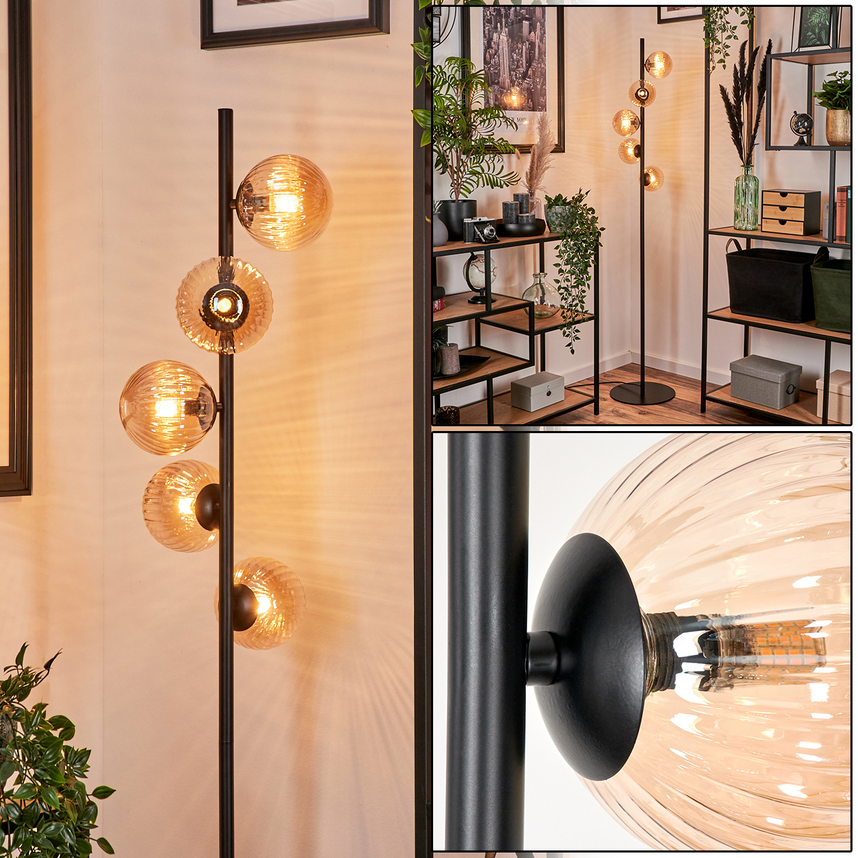 Eine schwarze Stehlampe mit fünf bernsteinfarbenen Glaskugeln steht in einem Raum mit Regal und Kunst.