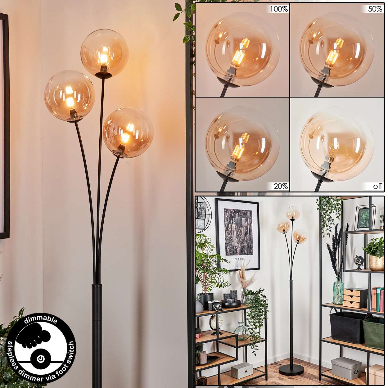 Stehlampe mit drei bernsteinfarbenen Glaskugelschirmen. Dimmbar per Fußschalter. Verschiedene Szenenoptionen.