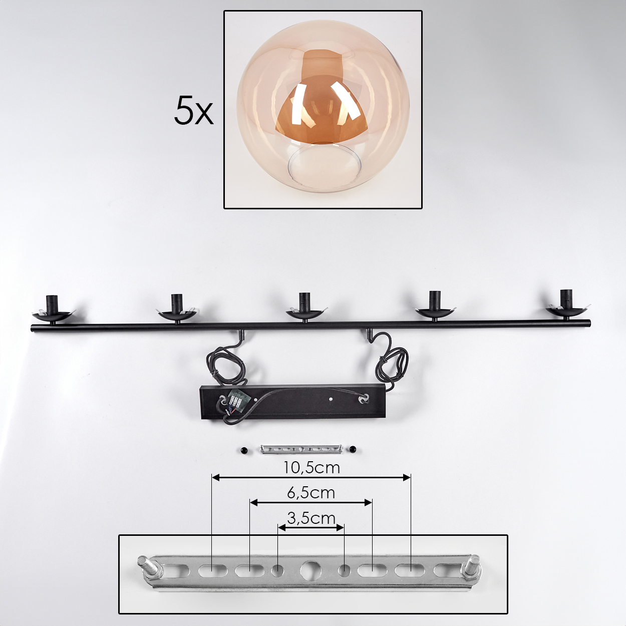 Diagramm der Leuchtenkomponenten mit Abmessungen, einschließlich einer schwarzen Stange, Schrauben und einer Lampe.