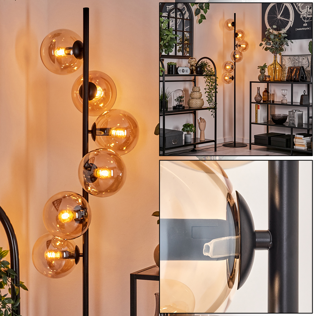Stehlampe mit bernsteinfarbenen Glaskugeln, Nahaufnahme der Glühbirne und des schwarzen Rahmens.