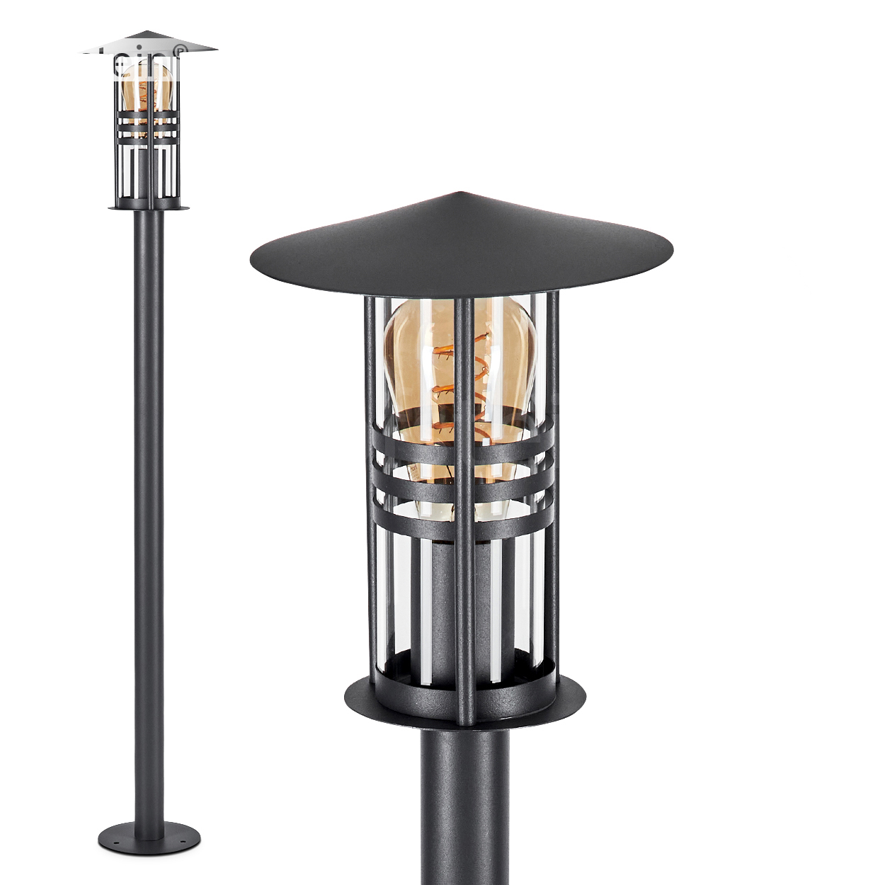 Schwarze Außenlampe mit zylindrischem Käfigdesign, konischem Dach und sichtbarer Glühbirne.