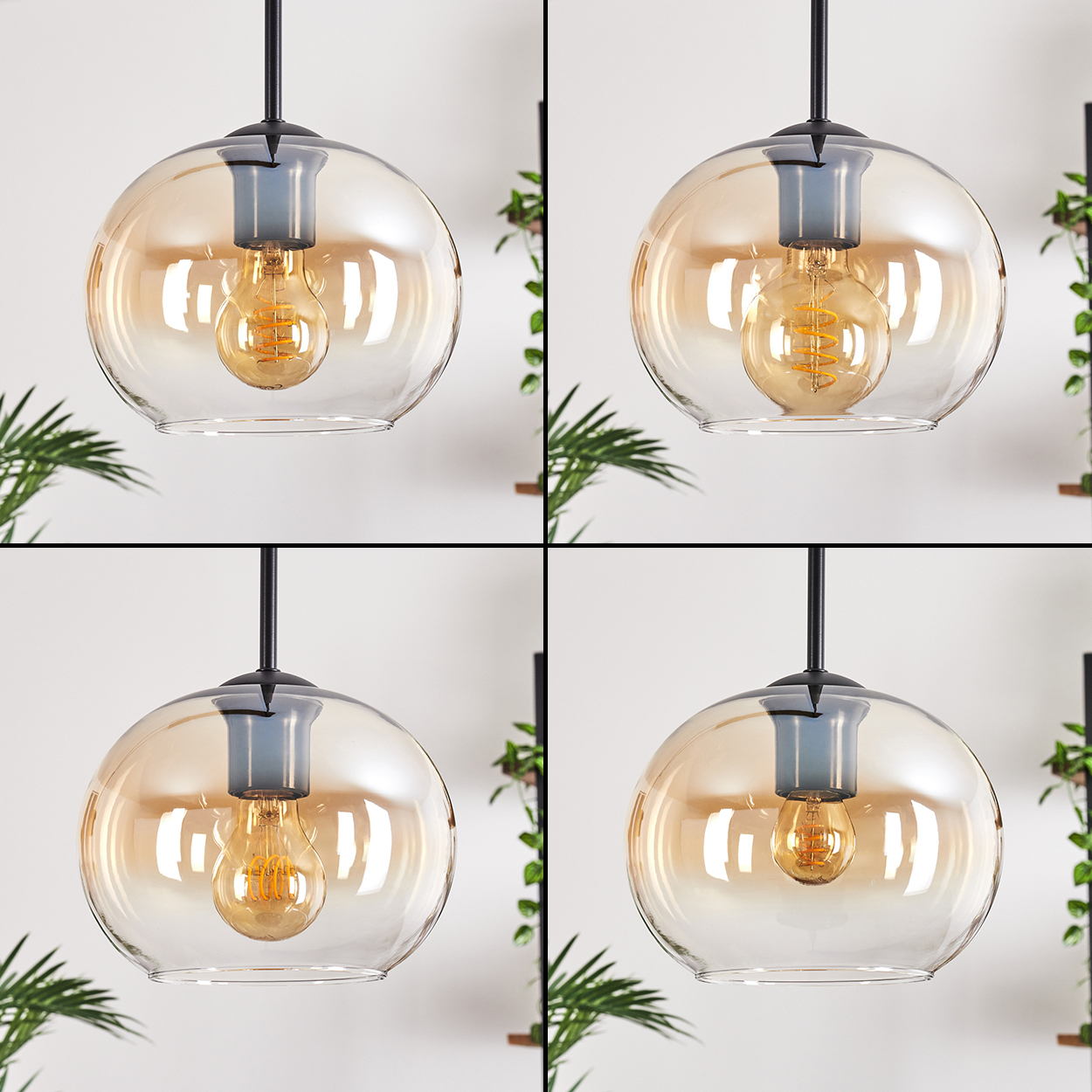 Nahaufnahme von Lampen. Jedes Feld zeigt eine Hängeleuchte mit einer bernsteinfarbenen Glühbirne in einem Glaskolben.