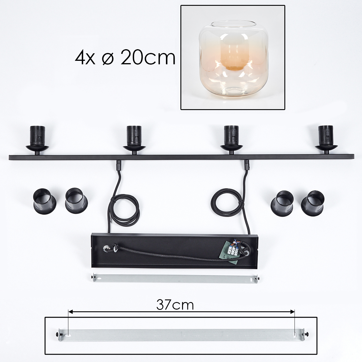 Diagramm der Teile einer Hängeleuchte. Die Teile sind schwarz und das Glas ist klar.