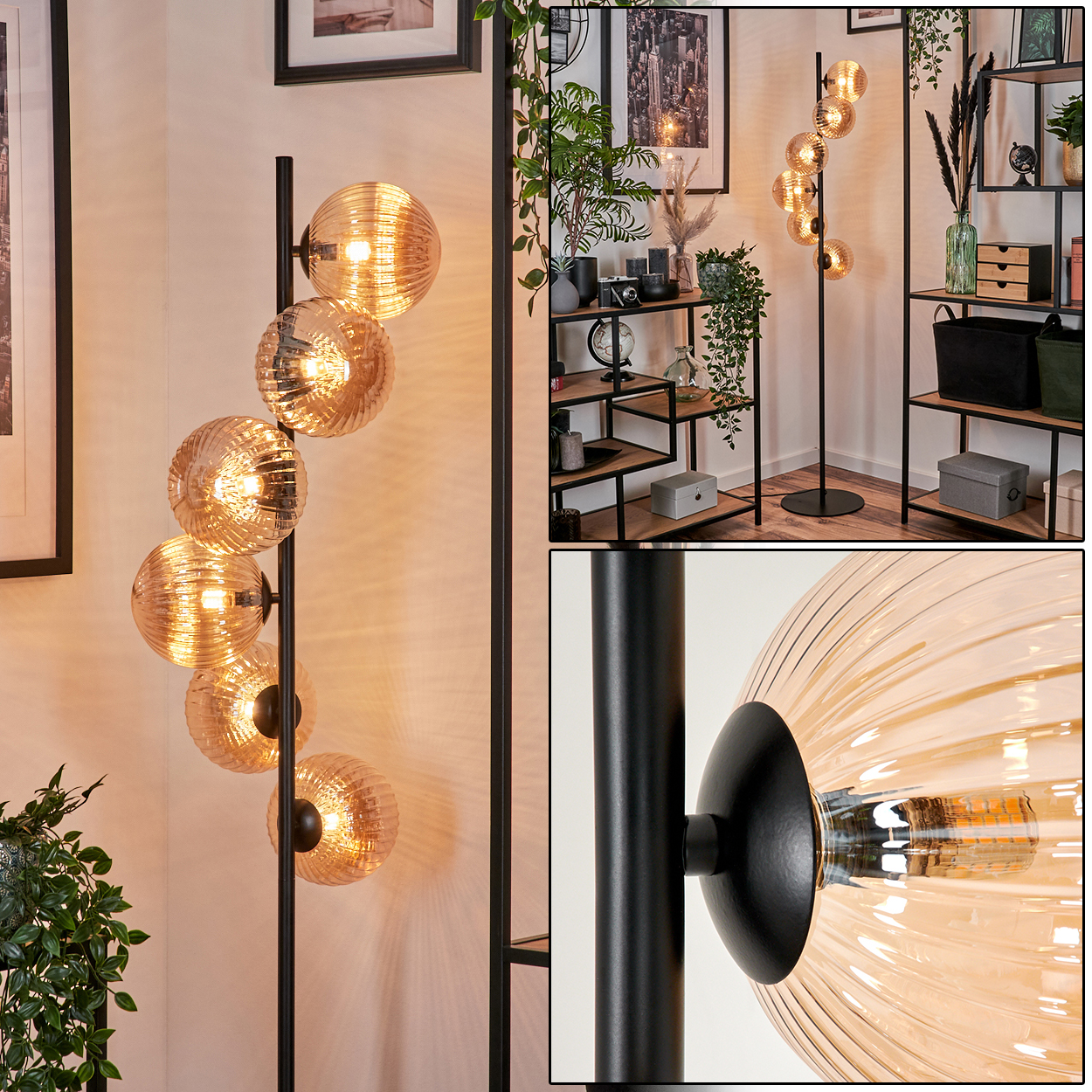 Eine Stehlampe mit bernsteinfarbenen Glühbirnen und schwarzem Ständer, neben einem Bücherregal.