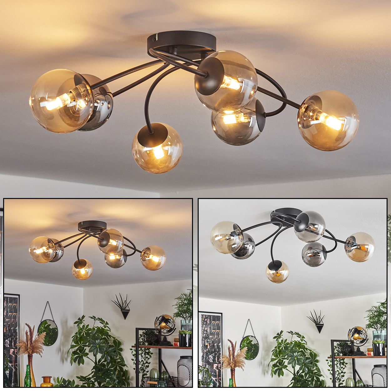 Zwei Bilder einer Deckenlampe mit sechs bernsteinfarbenen Glaskugeln und schwarzem Rahmen.