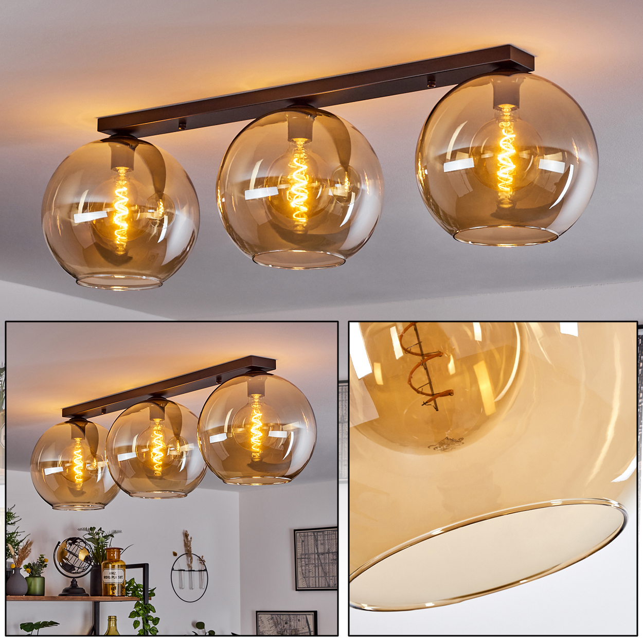 Drei Deckenleuchten mit orangefarbenen Glühbirnen, in einer Reihe angeordnet. Eine Nahaufnahme einer Lampe und Glühbirne.