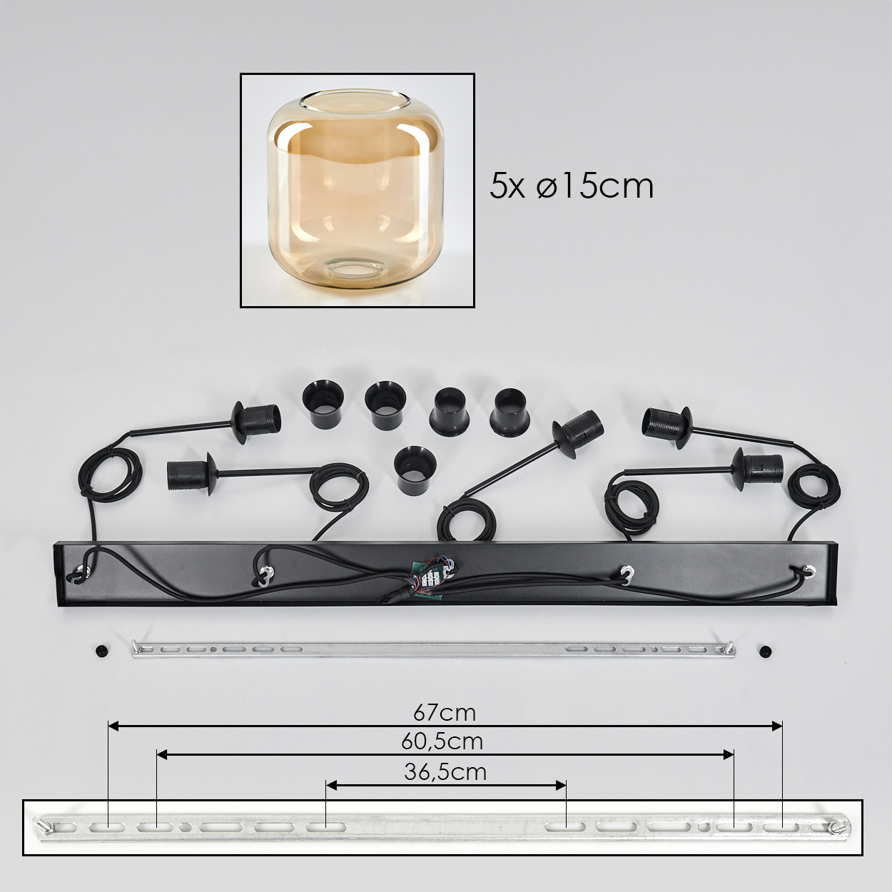Komponenten eines Kronleuchters, einschließlich Glasschirm, Drähte, Metallrahmen, mit Maßen.