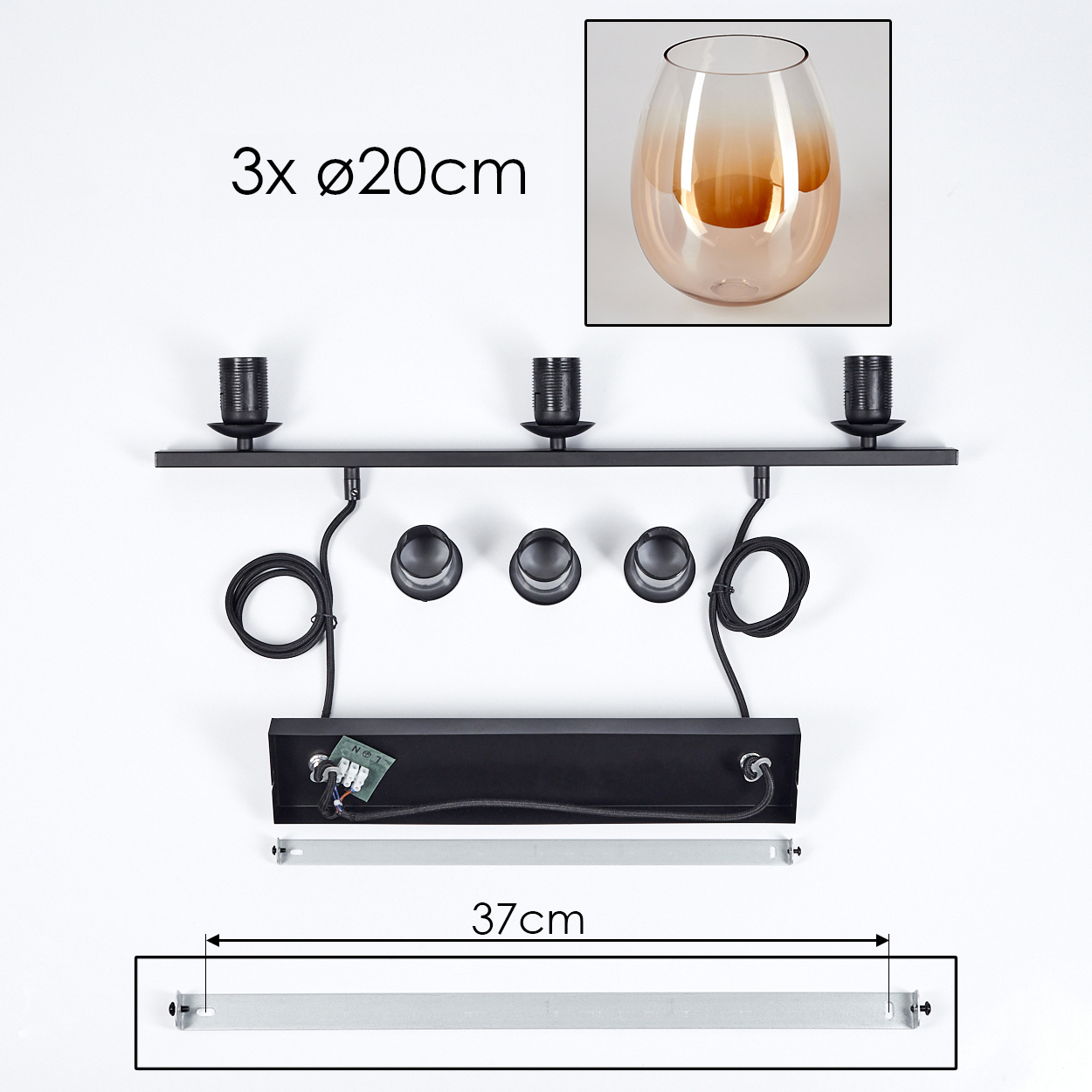 Komponenten einer Lampe mit schwarzen Halterungen, Glasschirmen und elektrischen Komponenten, mit Maßen.