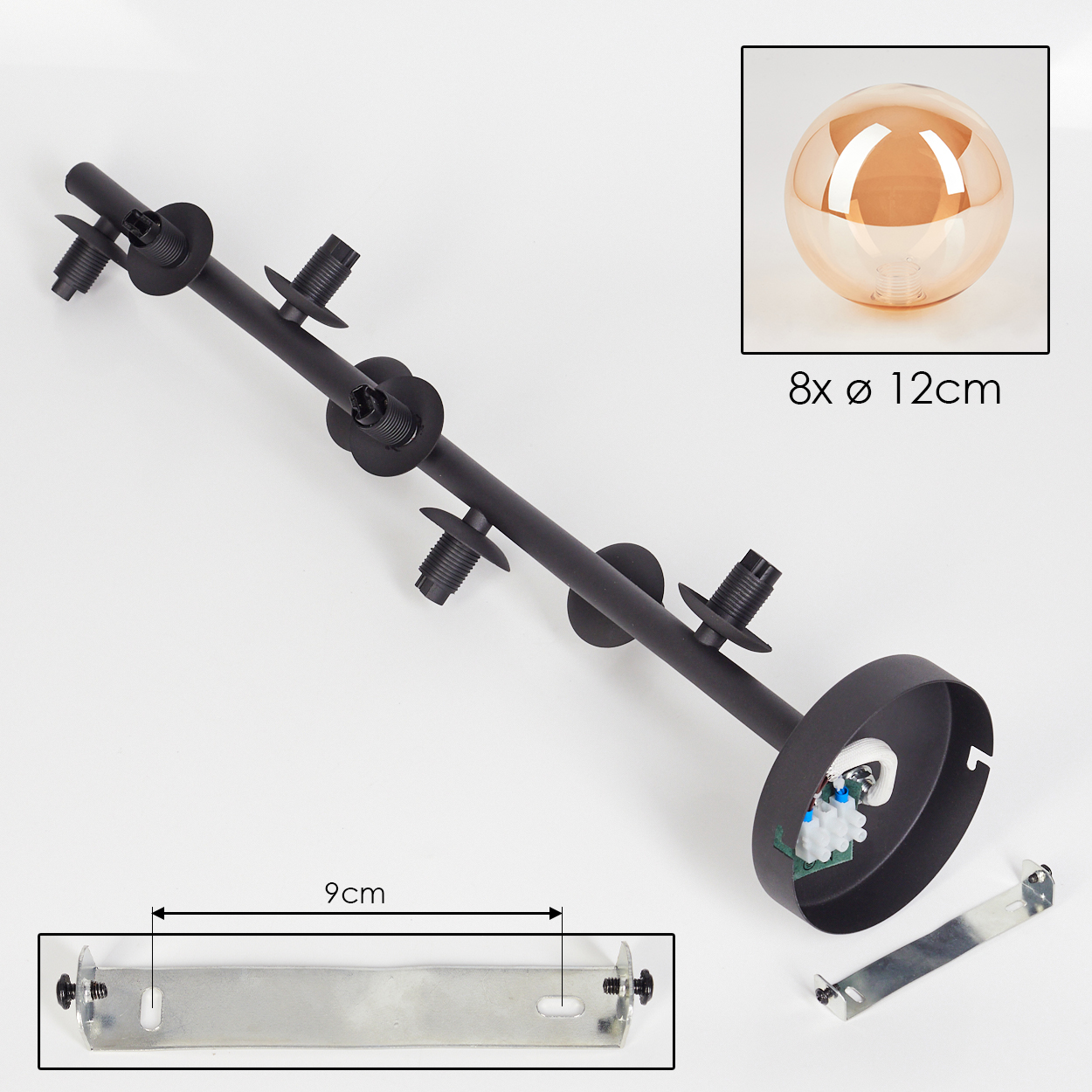 Komponenten einer Lampe, mit schwarzen Halterungen, Glasschirmen und elektrischen Komponenten, mit Maßen.