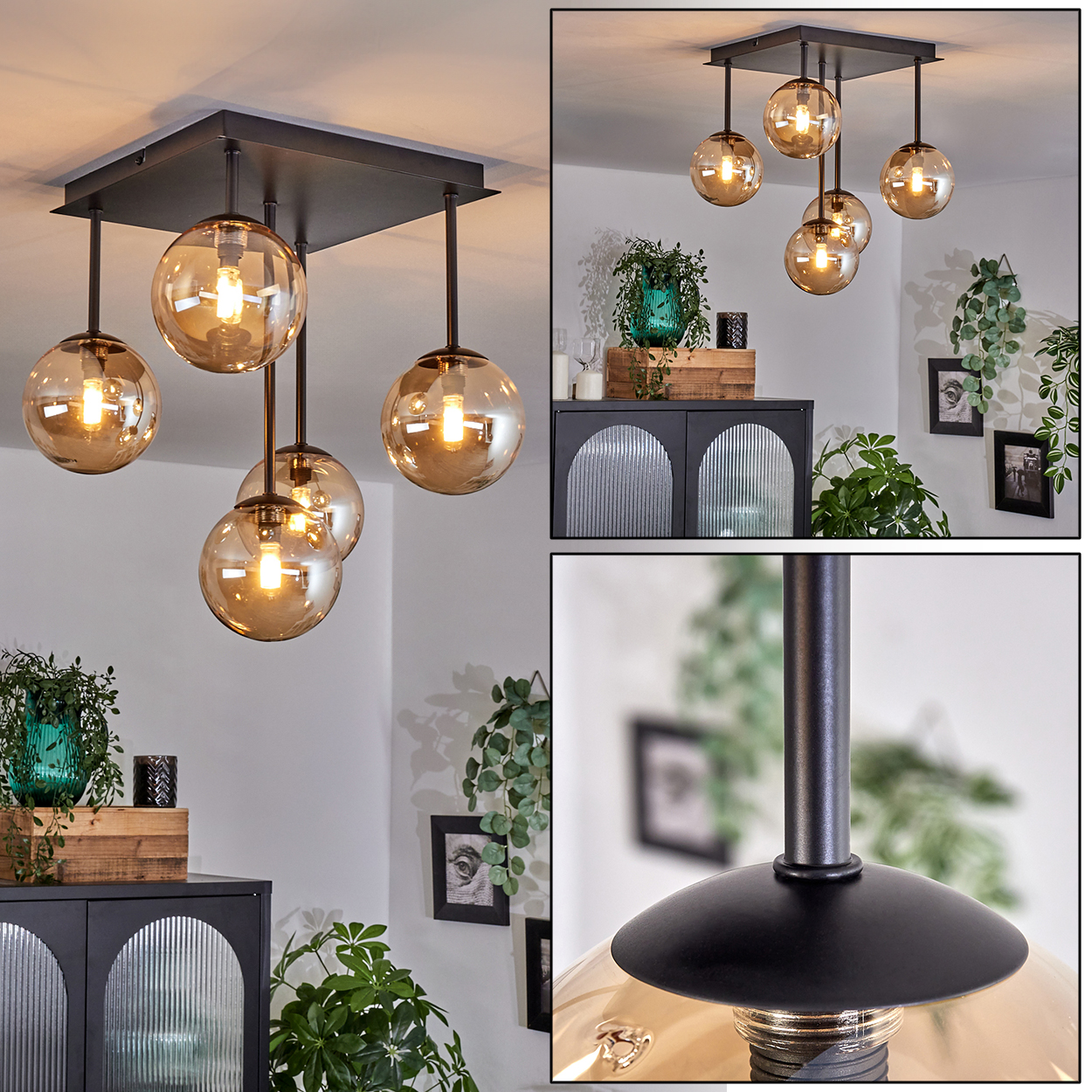 Ein Raum mit hängenden, bernsteinfarbenen Lampen und Pflanzen. Eine Holzkiste und ein schwarzer Schrank sind im Bild.