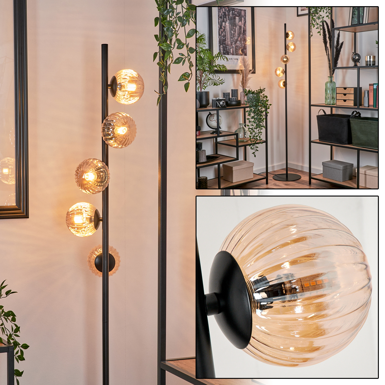 Eine Stehlampe mit mehreren bernsteinfarbenen Kugelleuchten steht vor einer Wand. Eine Nahaufnahme zeigt eine gerippte Glaskugel.