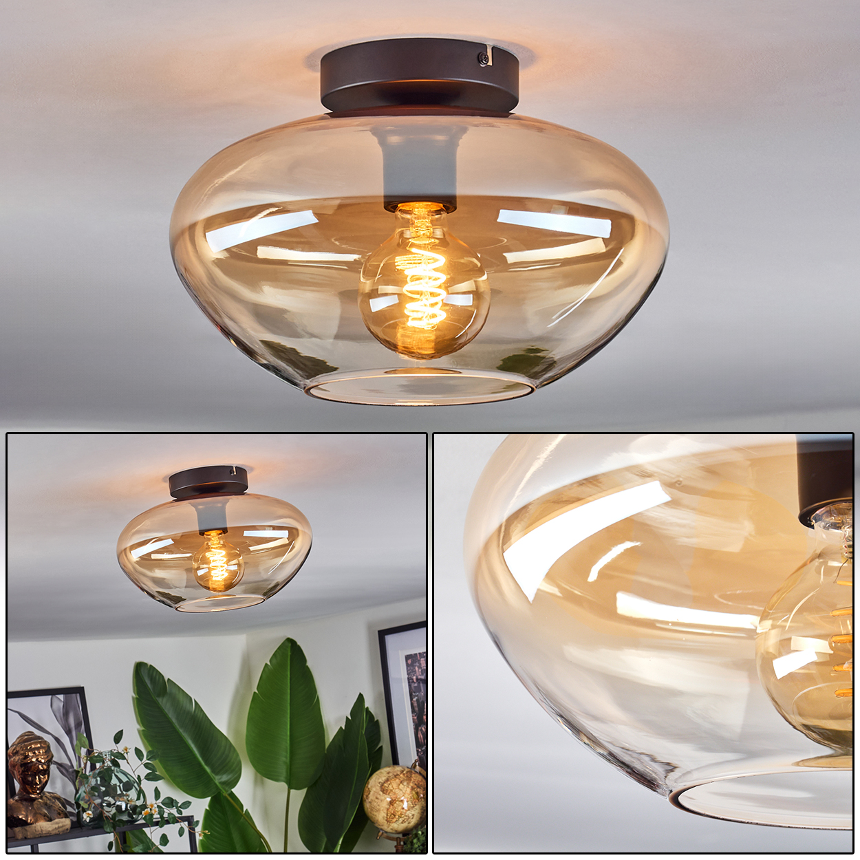 Deckenlampe mit bernsteinfarbenem Glasschirm und schwarzem Sockel, mit Raumdetails.