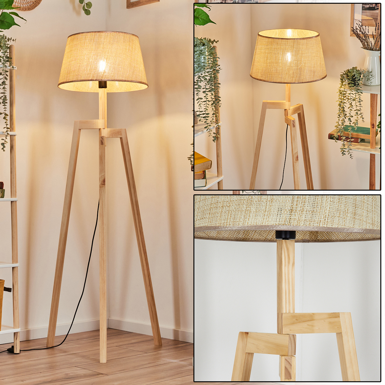 Stehlampe mit Holzbeinen und beigem Schirm, in einer Raumecke, mit Zusatzbildern.