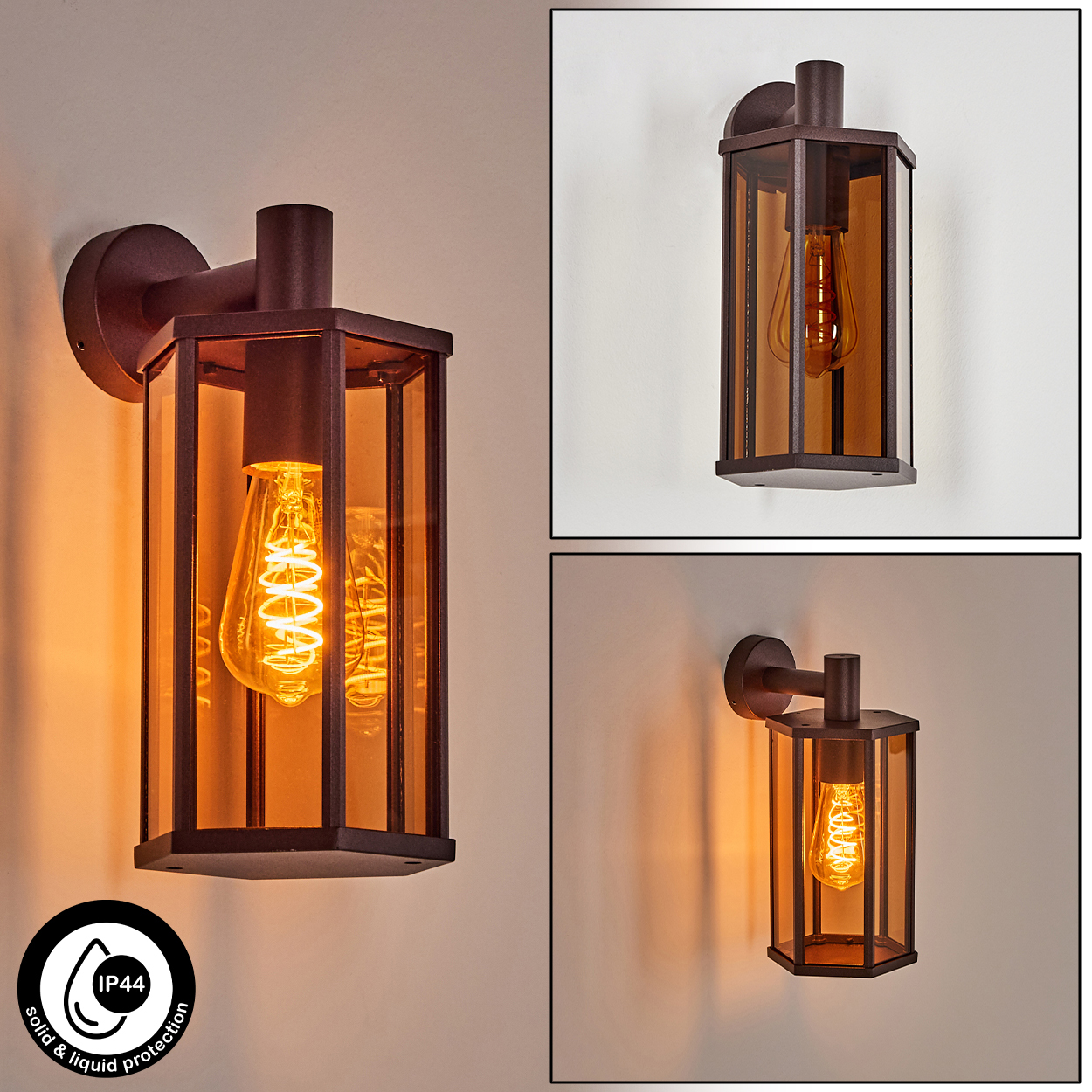 Mehrere Ansichten einer Bronze-Wandlampe mit bernsteinfarbener Glühbirne, mit IP44 Schutz.