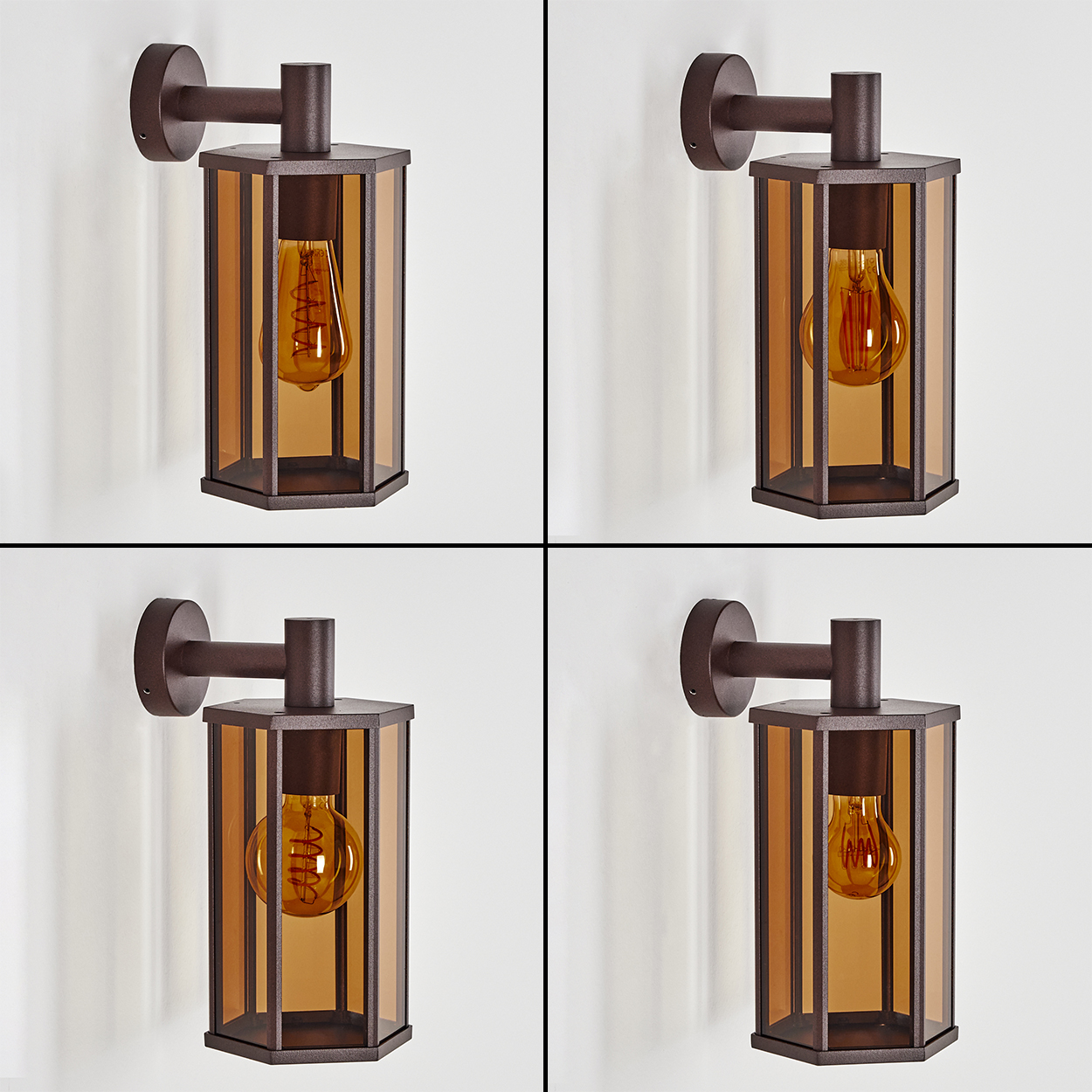 Mehrere Ansichten einer bronzefarbenen Wandleuchte mit bernsteinfarbenem Glas und einer sichtbaren Glühbirne.