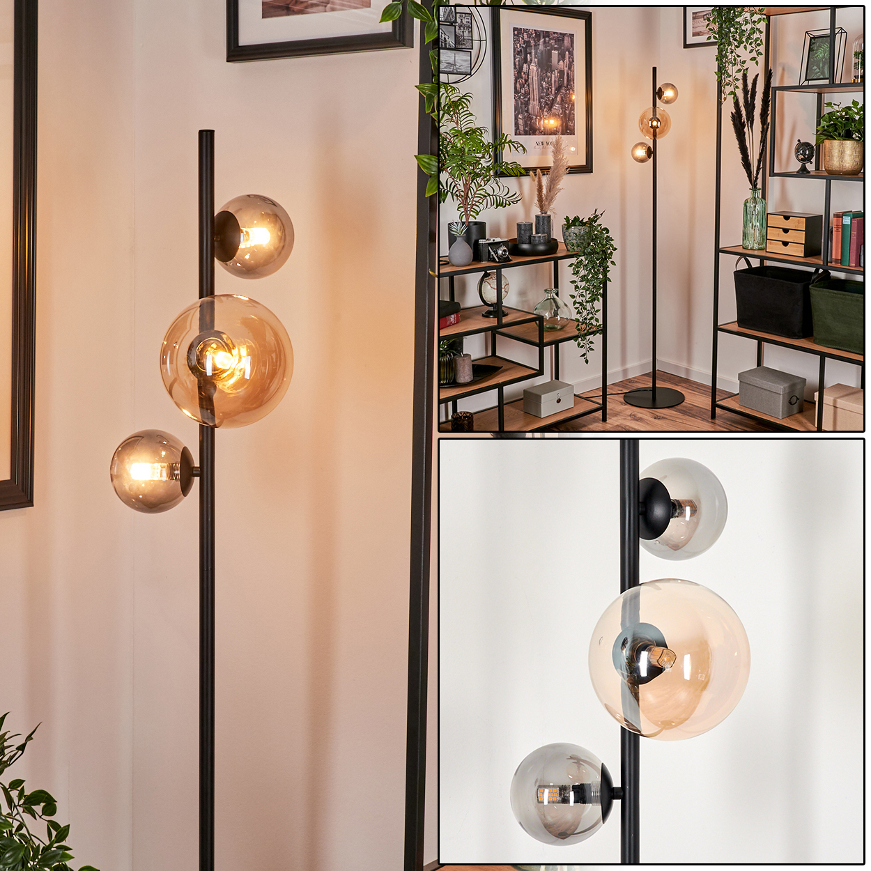Rauminterieur mit Stehlampe und drei pfirsichfarbenen Kugelleuchten an einer Wand.