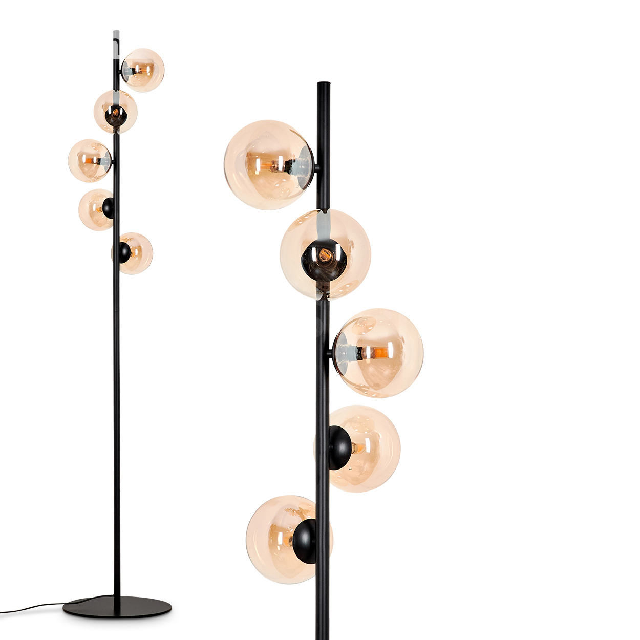 Schwarze Stehlampe mit sieben Glaskugelleuchten, klar, pfirsichfarben und bernsteinfarben.