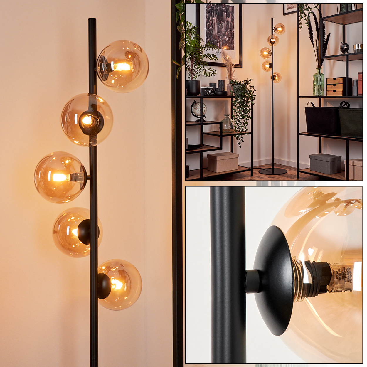 Eine schwarze Stehlampe mit fünf bernsteinfarbenen Kugelschirmen vor einer weißen Wand, mit Detail des Schirms.