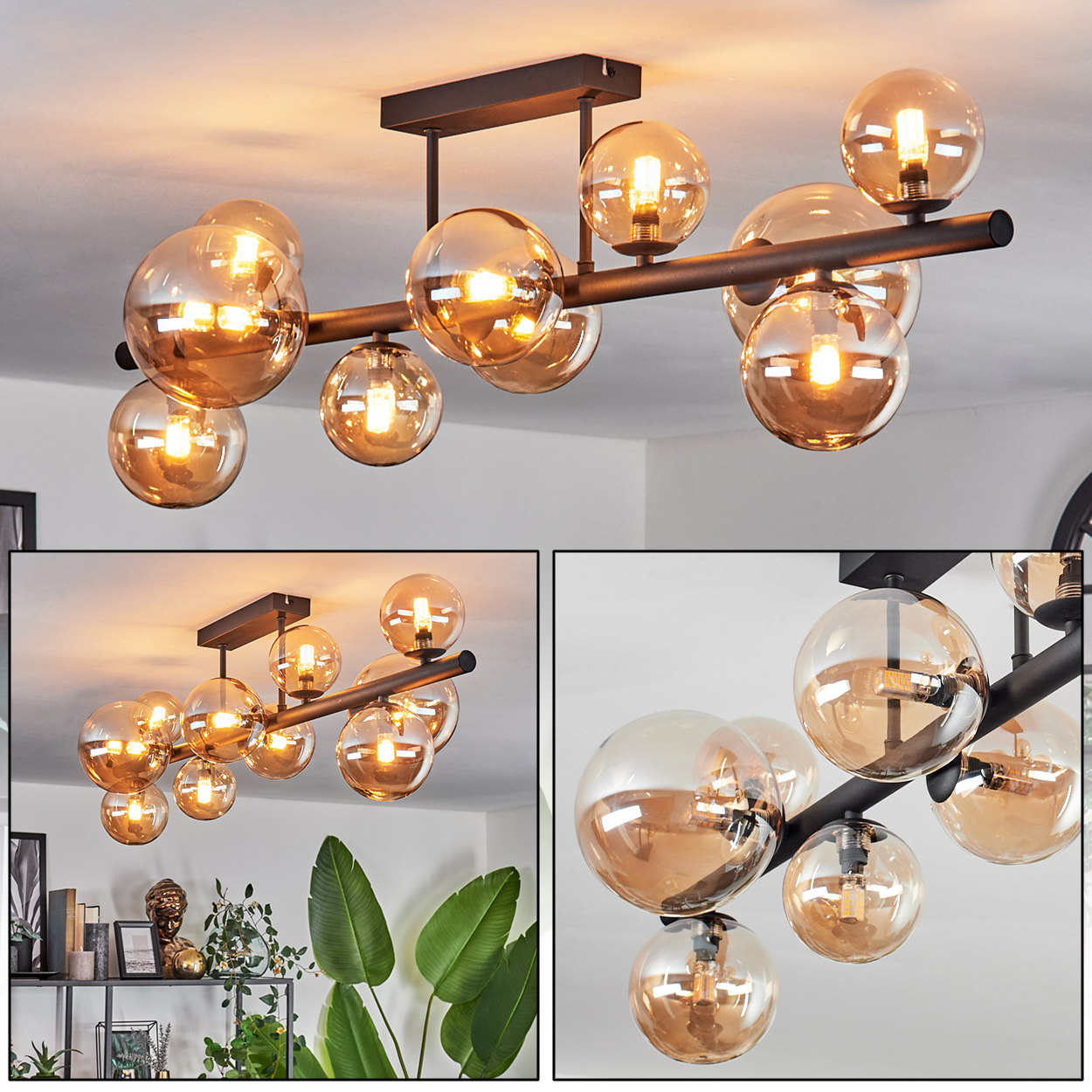 Eine Deckenleuchte mit mehreren orangefarbenen Glaskugeln und schwarzem Metallrahmen.