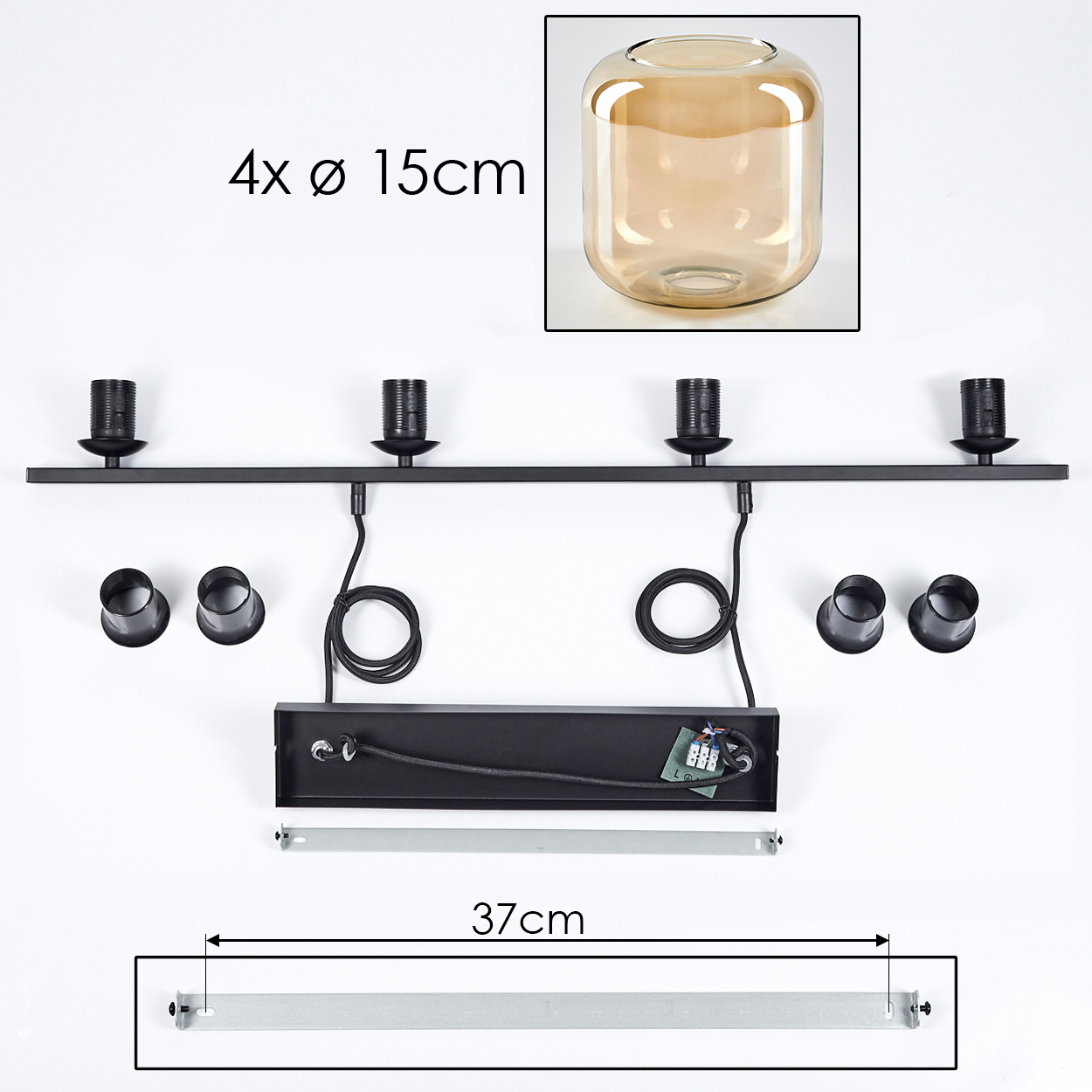 Diagramm mit Abmessungen einer Lampe und ein inset Bild einer bernsteinfarbenen Glaslampe.