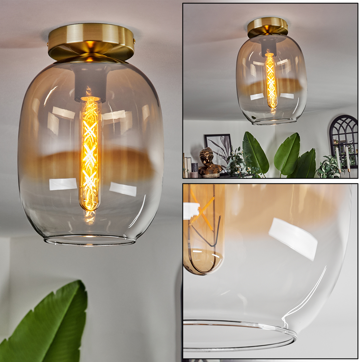Eine Pendelleuchte mit bernsteinfarbenem Glasschirm und goldfarbenem Sockel, mit Glühbirne, in einer Raumsituation gezeigt.