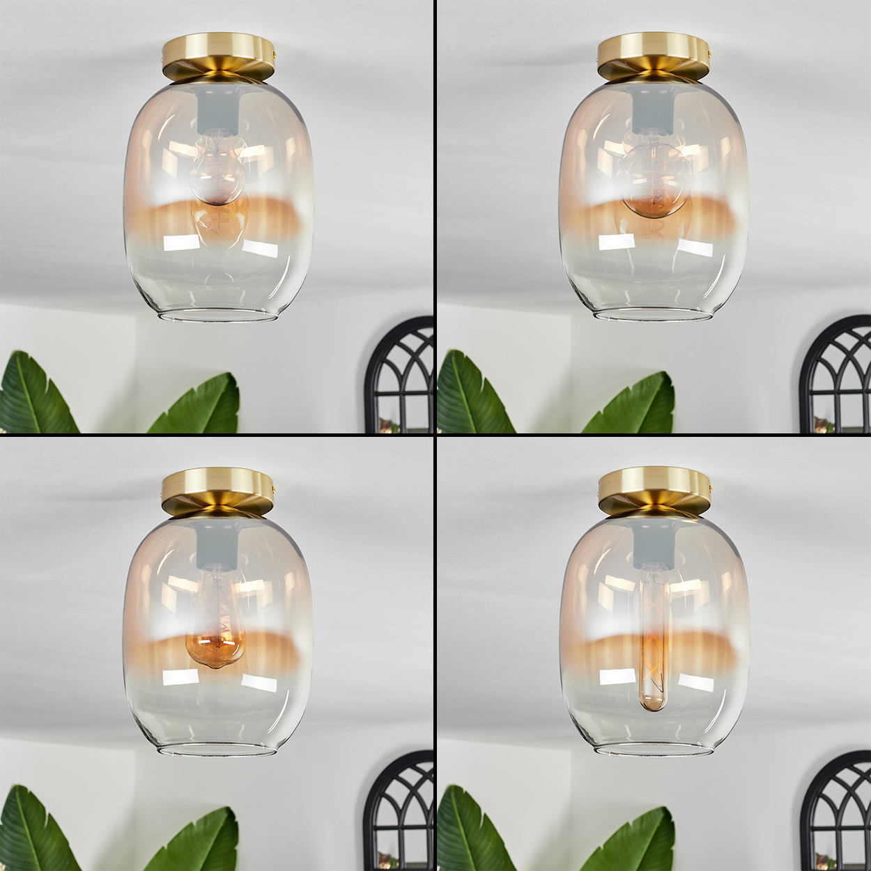 Vier Bilder zeigen eine Pendelleuchte mit bernsteinfarbenem Glasschirm und goldfarbenem Sockel, mit einer Glühbirne darin.