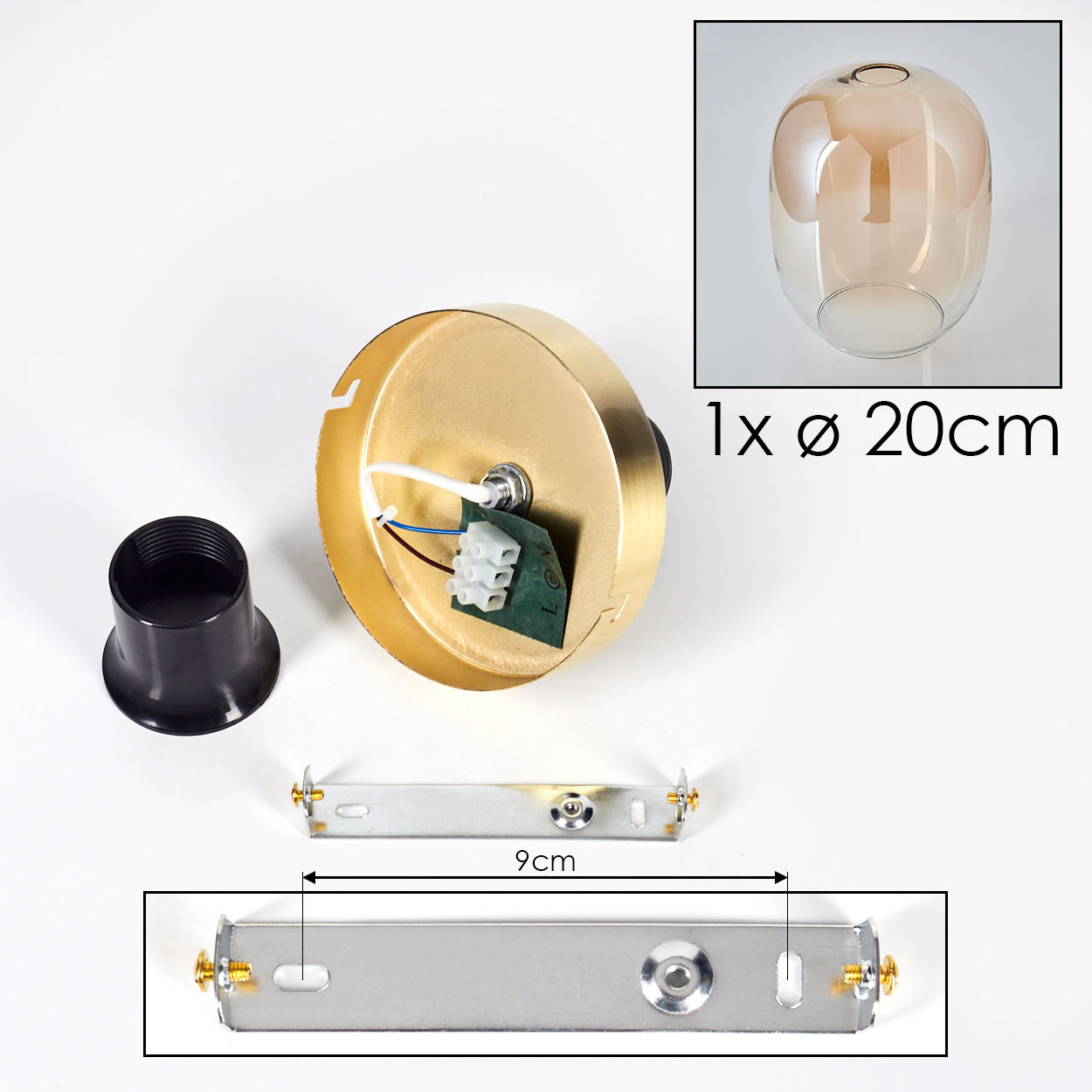 Komponenten einer Pendelleuchte: goldfarbener Sockel, schwarze Fassung, 9 cm Halterung und ein bernsteinfarbener Glasschirm.