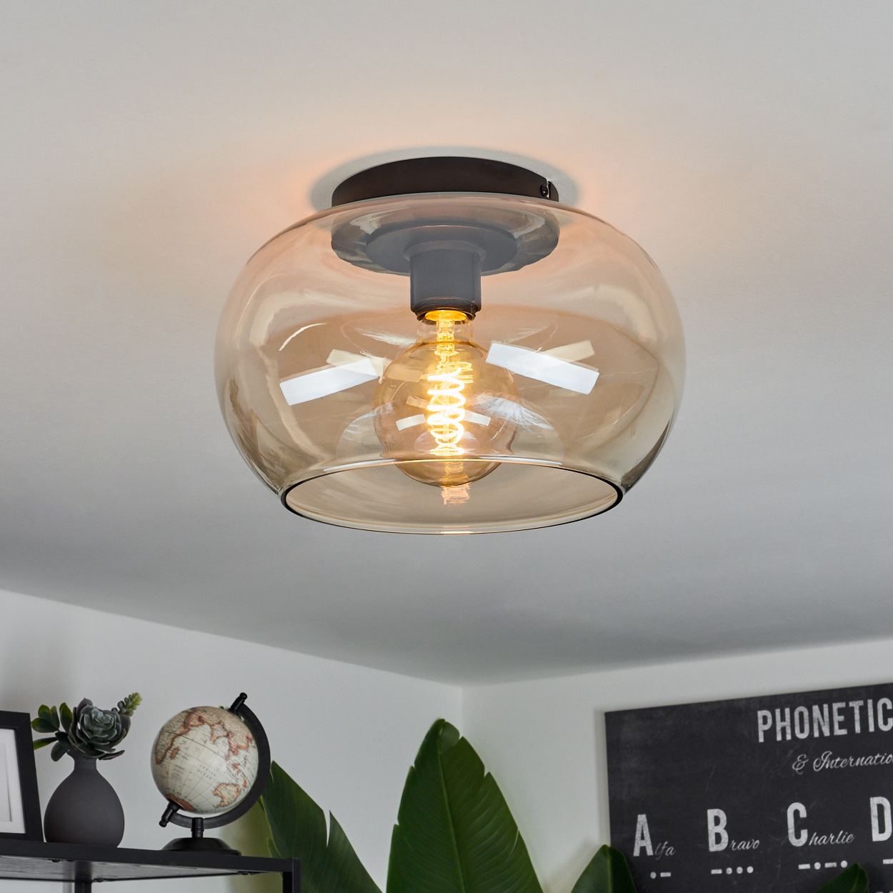 Eine Deckenlampe mit Glasschirm. Ein Globus, Pflanzen und eine Tafel sind im Hintergrund.