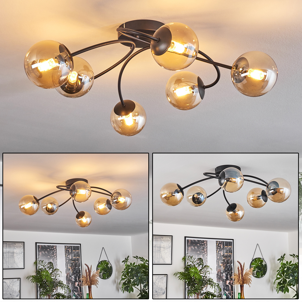 Zwei Ansichten einer Deckenlampe mit sechs Glasschirmen, jede mit einer Glühbirne.