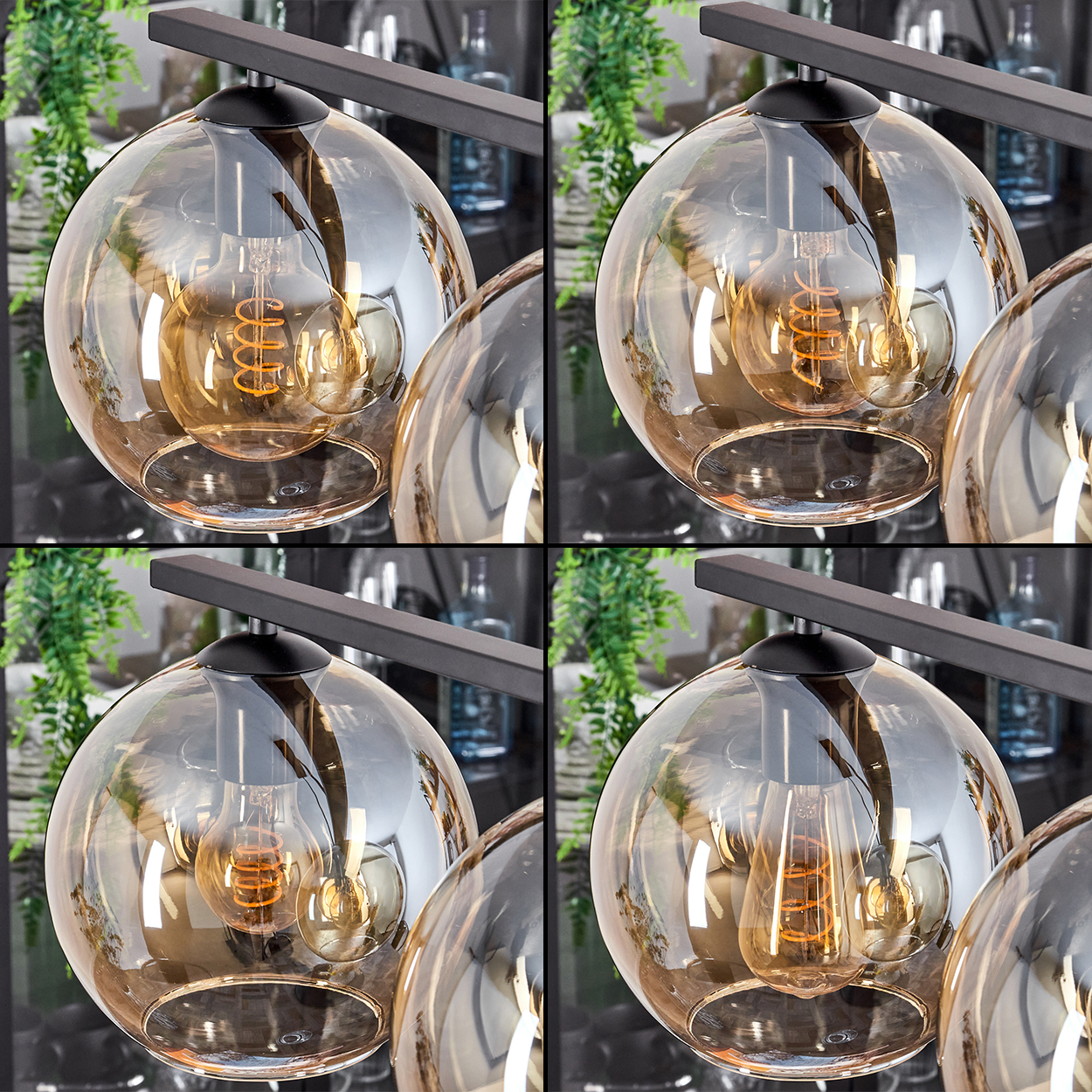 Vier Bilder von Pendelleuchten mit bernsteinfarbenen Glasschirmen, Edison-Glühbirnen und schwarzer Tragstruktur.