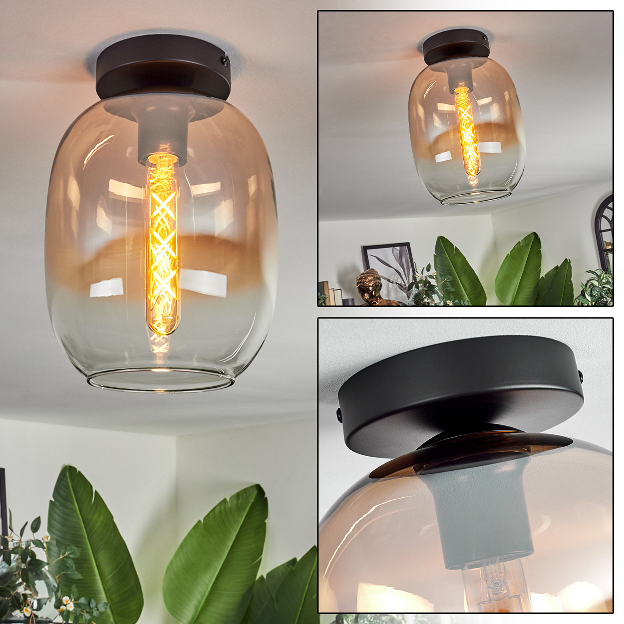 Deckenlampe mit bernsteinfarbenem Glasschirm, zeigt mehrere Ansichten des Lichts.
