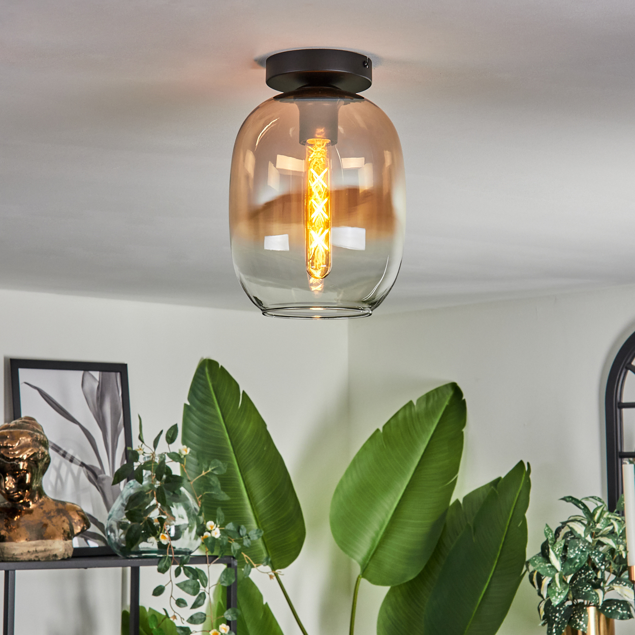 Deckenlampe mit hellbraunem Glasschirm. Der Hintergrund hat Pflanzen und eine weiße Wand.
