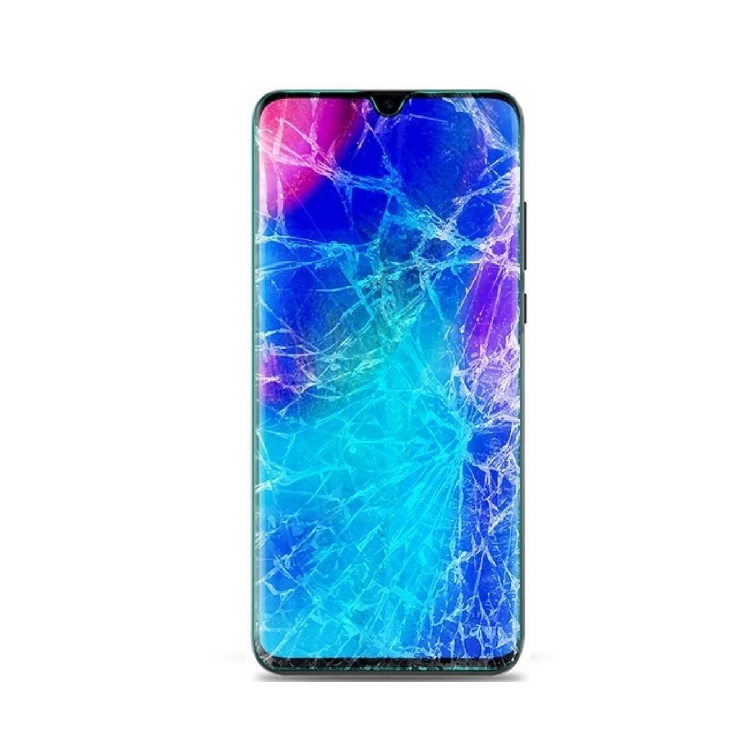 Ein Smartphone mit gesprungenem Bildschirm, das ein farbenfrohes, abstraktes Hintergrundbild zeigt.