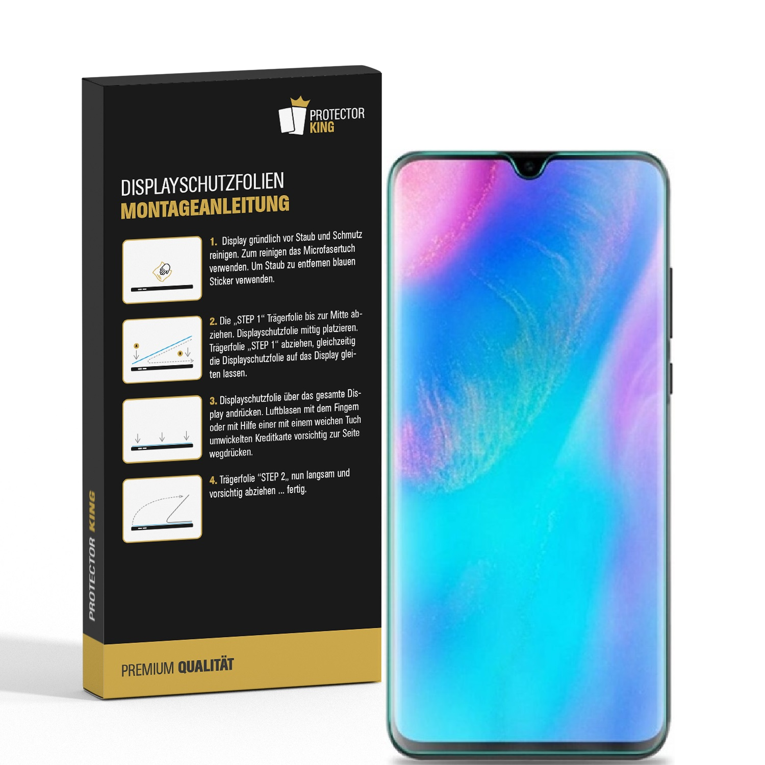 Ein Smartphone mit angebrachtem Displayschutz und Anweisungen auf einer Schachtel.