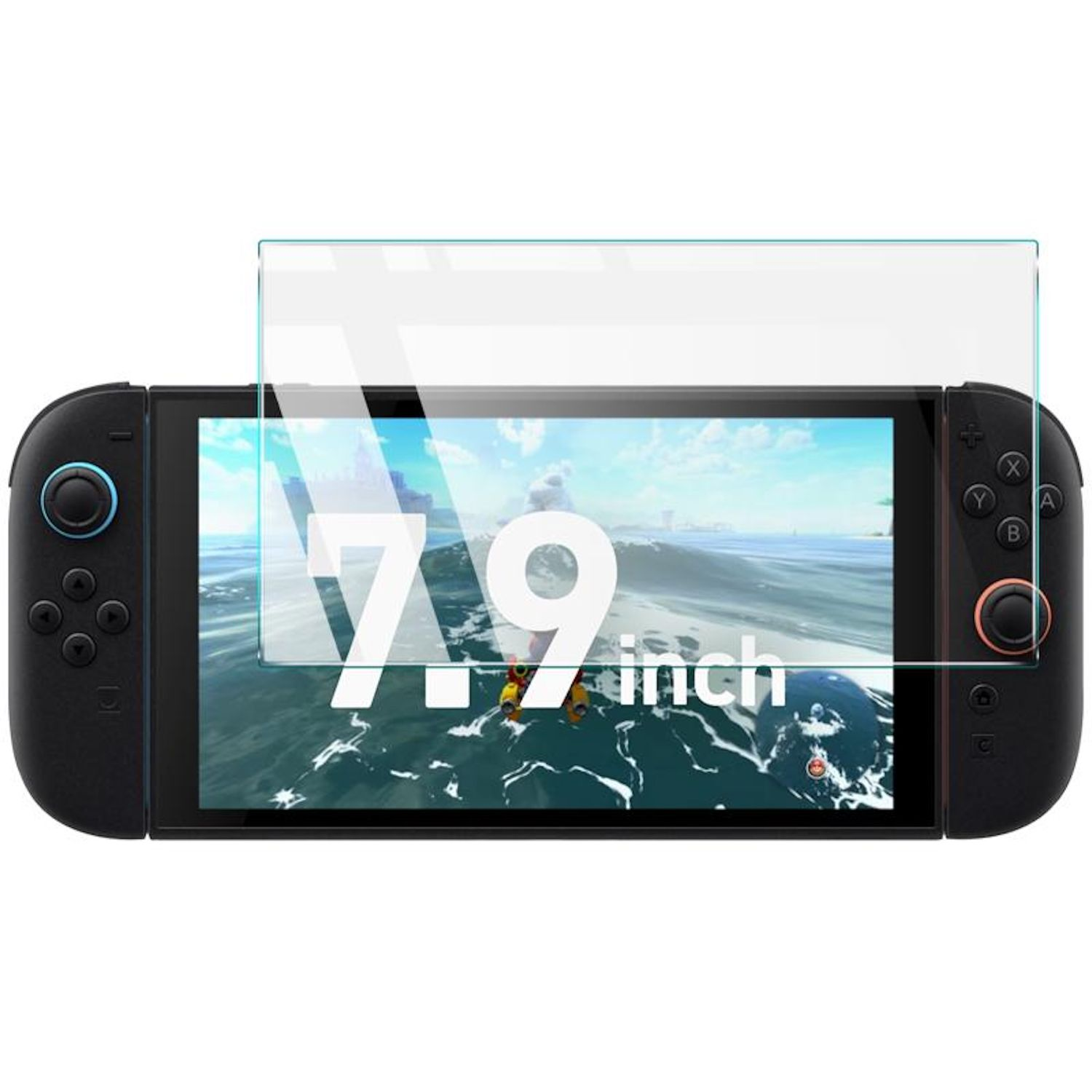 Eine Spielekonsole mit einem Spiel auf dem Bildschirm und einem darübergelegten Displayschutz.