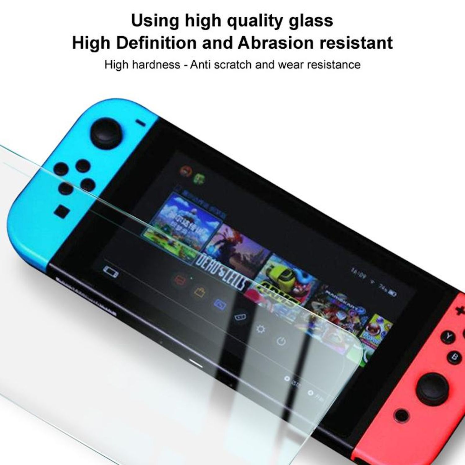 Eine Nintendo Switch mit angebrachtem Displayschutz, der Spielsymbole zeigt.