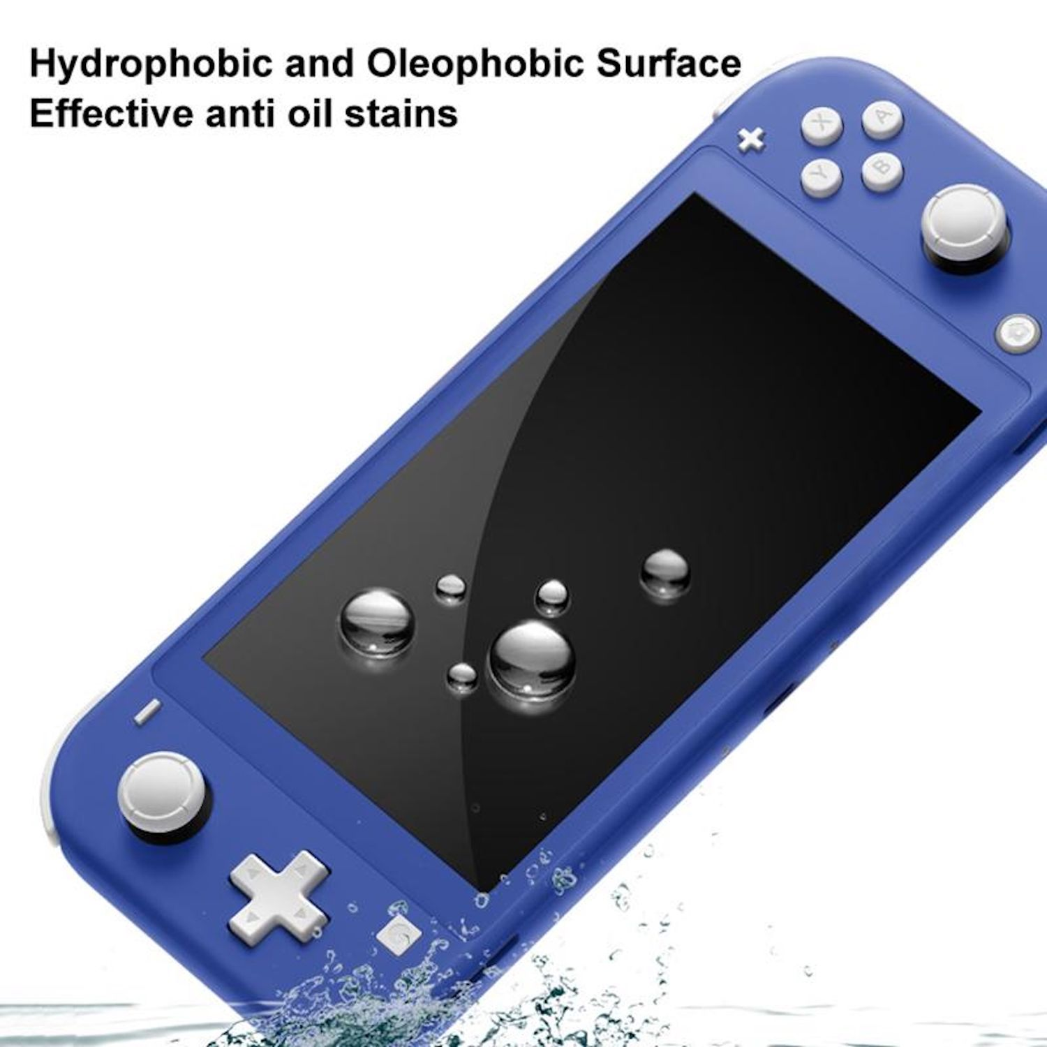 Eine blaue Spielekonsole mit Wassertropfen auf dem Bildschirm, mit Textüberlagerung.
