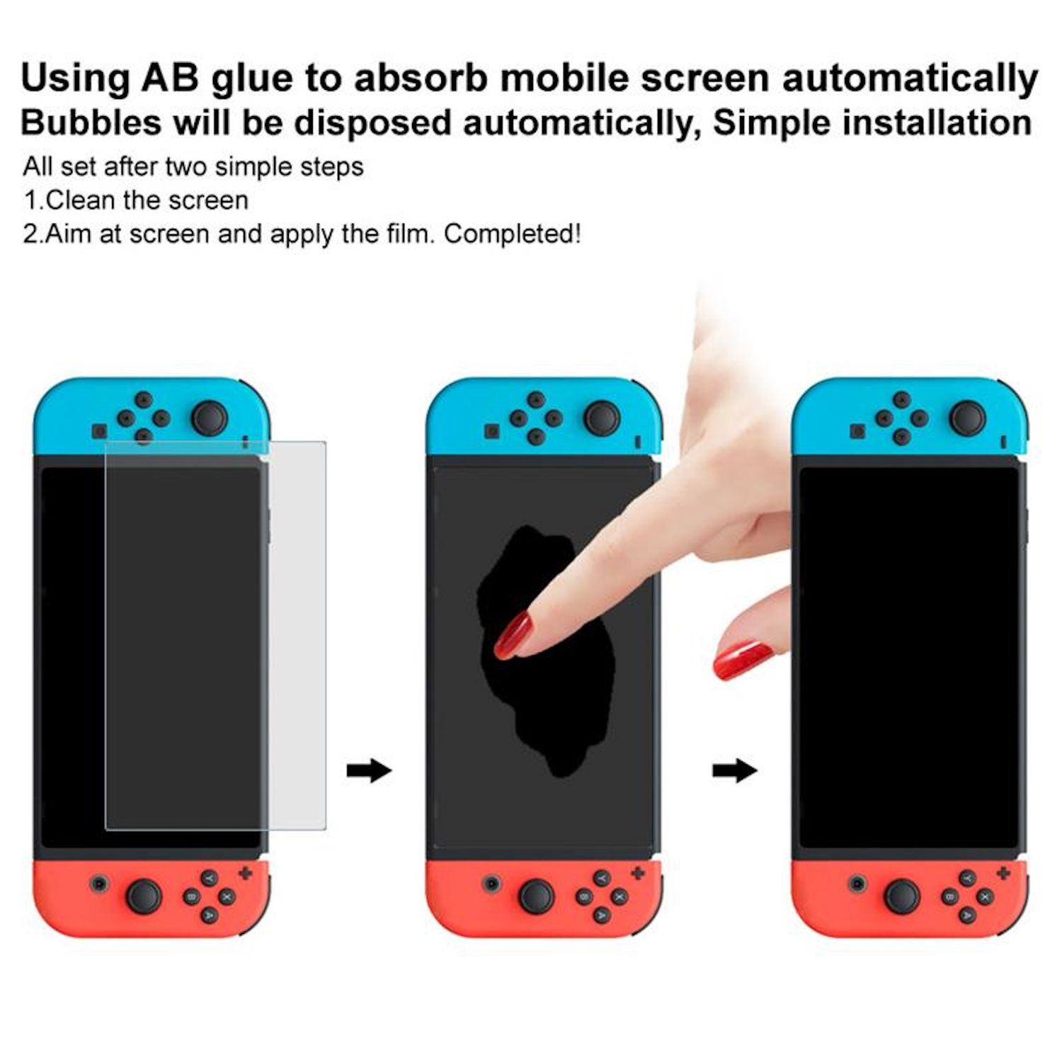 Diagramm, das das Anbringen eines Bildschirmschutzes auf einer Nintendo Switch-Konsole zeigt.