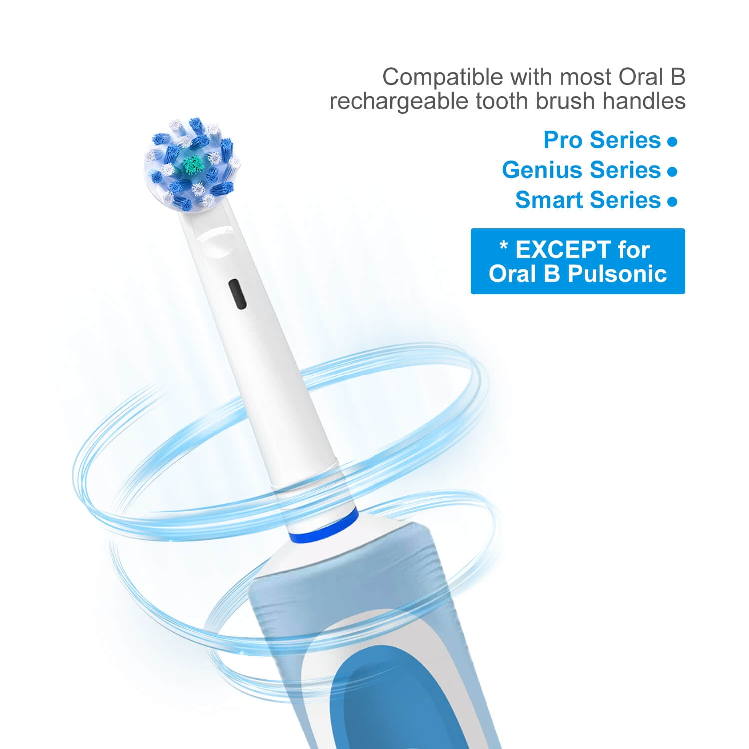 Eine elektrische Zahnbürste mit Bürstenkopf und Text über Kompatibilität und Serientypen.