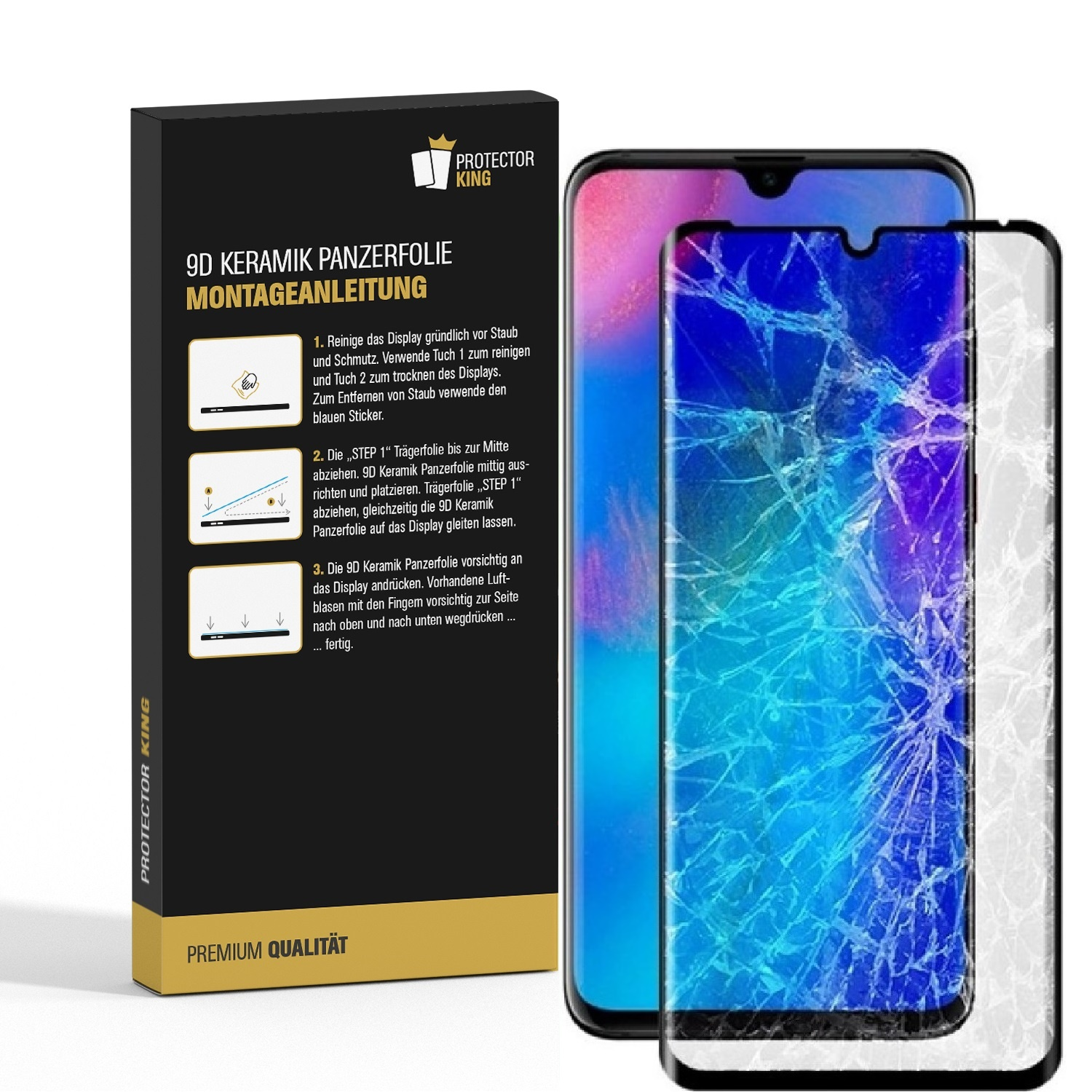 Ein Telefon und eine Displayschutzfolienbox mit Anweisungen und ein Telefon mit gesprungenem Bildschirm.