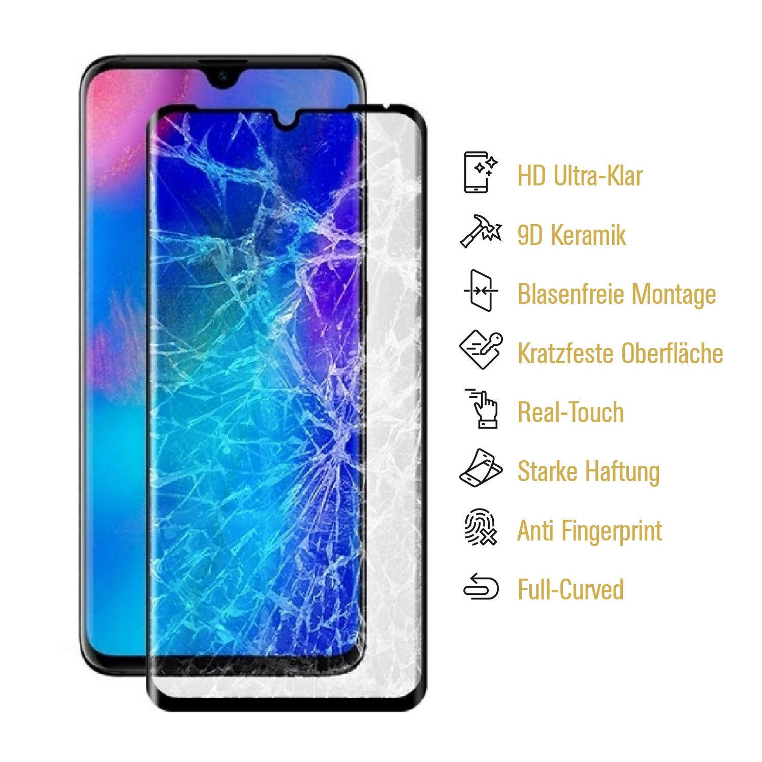 Zwei Smartphones, eins mit gesprungenem Bildschirm, das andere mit Displayschutz. Symbole rechts.
